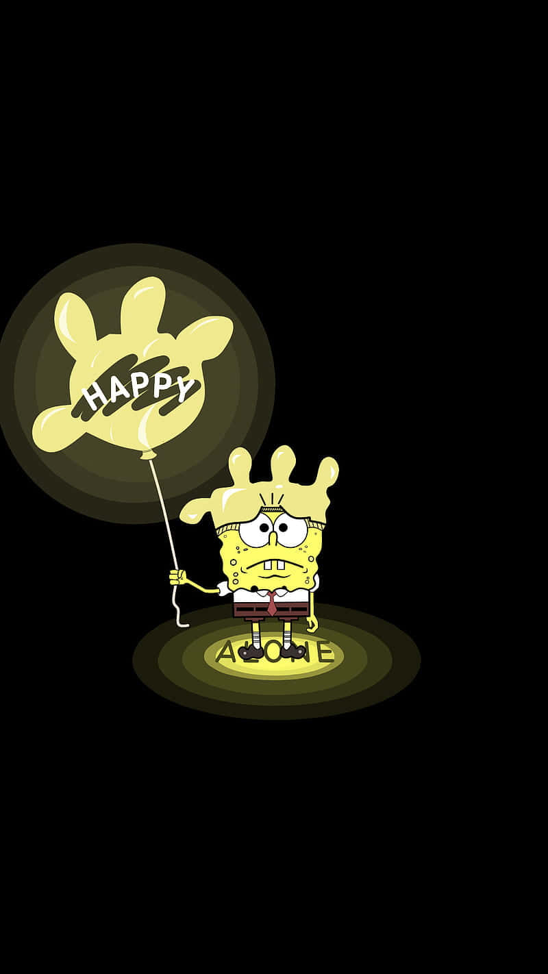 海綿寶寶手持一個寫著happy的黃色手形氣球。