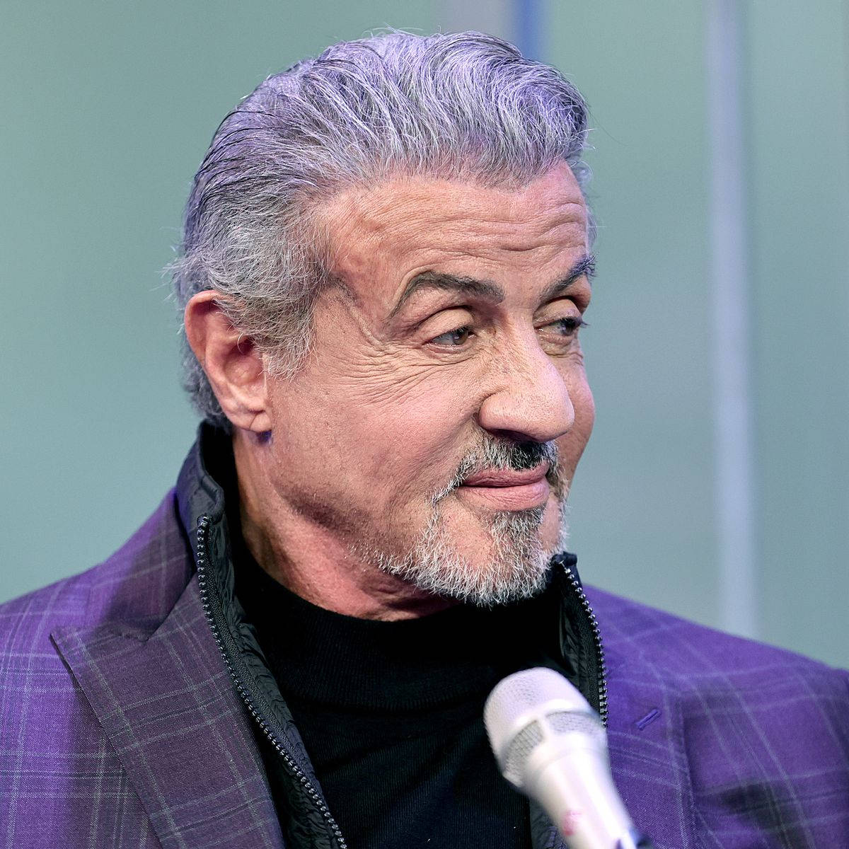 史泰龍站在麥克風前 壁紙 — Sylvester Stallone 灰白頭髮和鬍鬚，微笑著對著麥克風說話，身穿紫色格子外套。