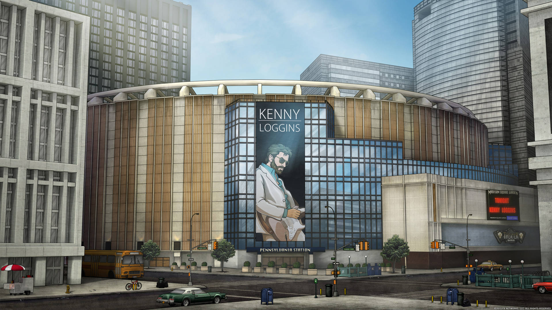 在繁華城市中的現代體育場上，動畫風格的Kenny Loggins廣告牌。