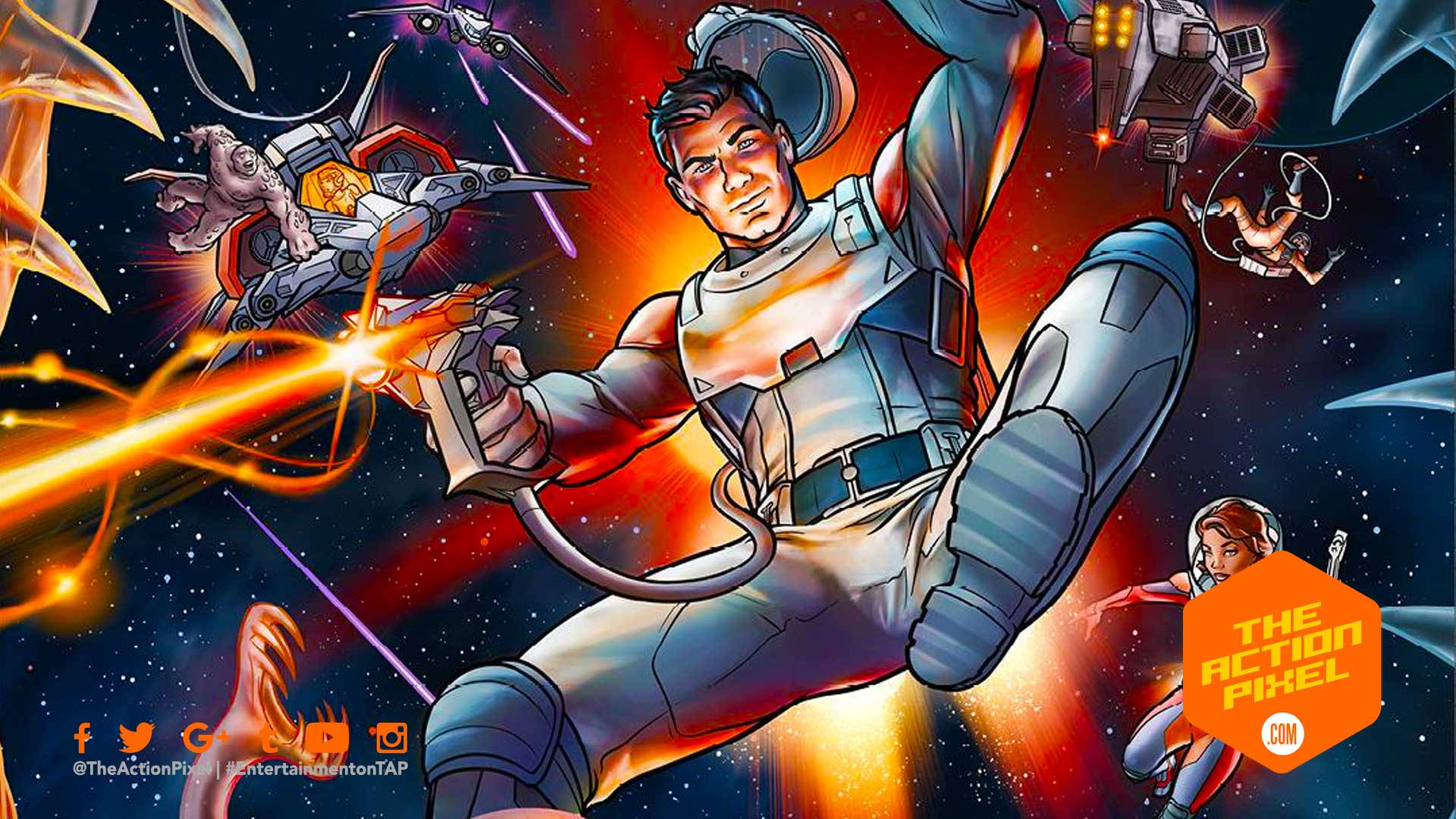 動漫太空士兵在星艦戰鬥中發射激光武器。