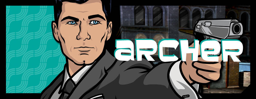 穿西裝卡通男人用槍瞄準，帶有 'archer' 文字