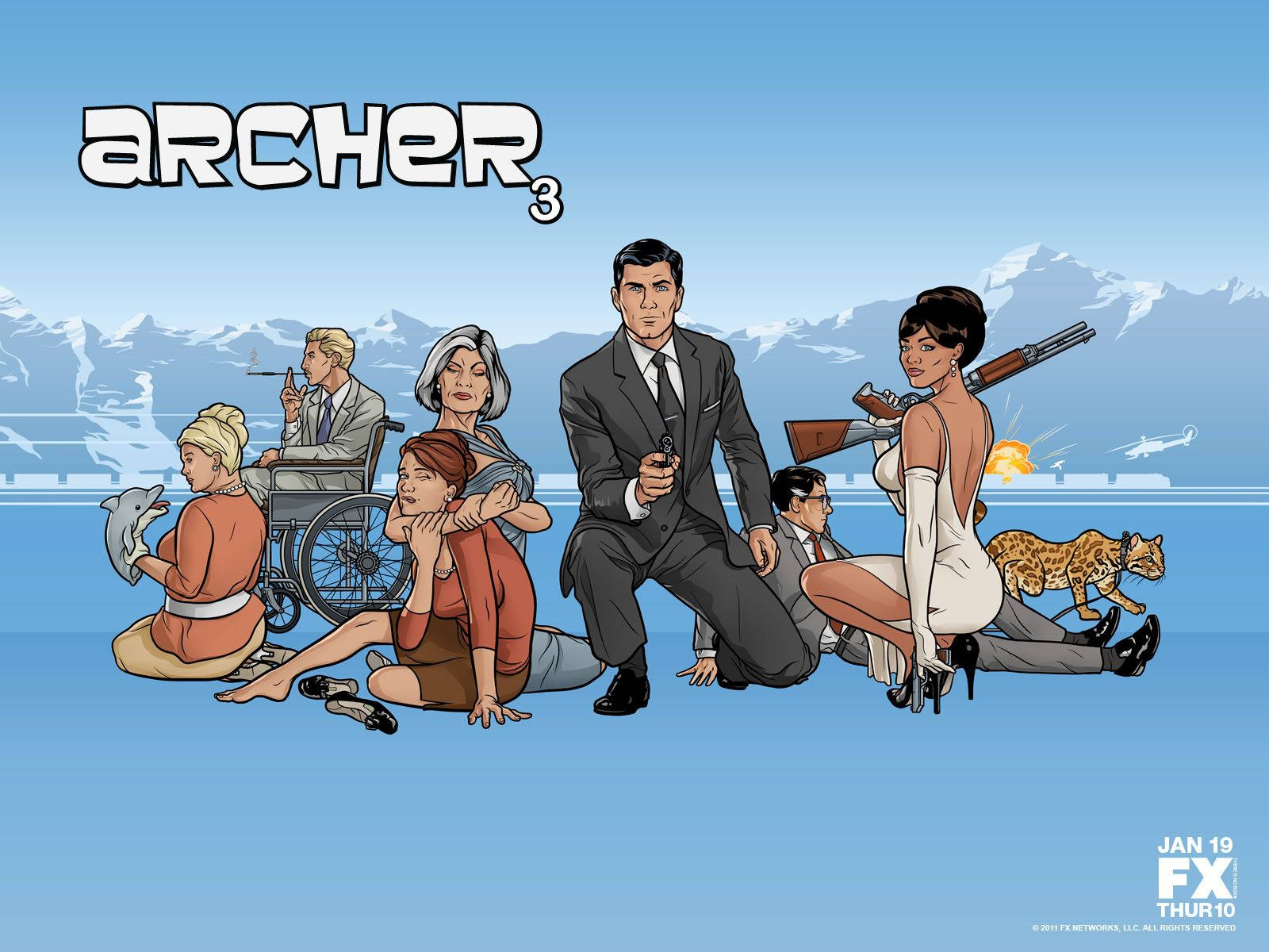 卡通風格的《Archer》電視節目角色，手持武器和一隻豹子。