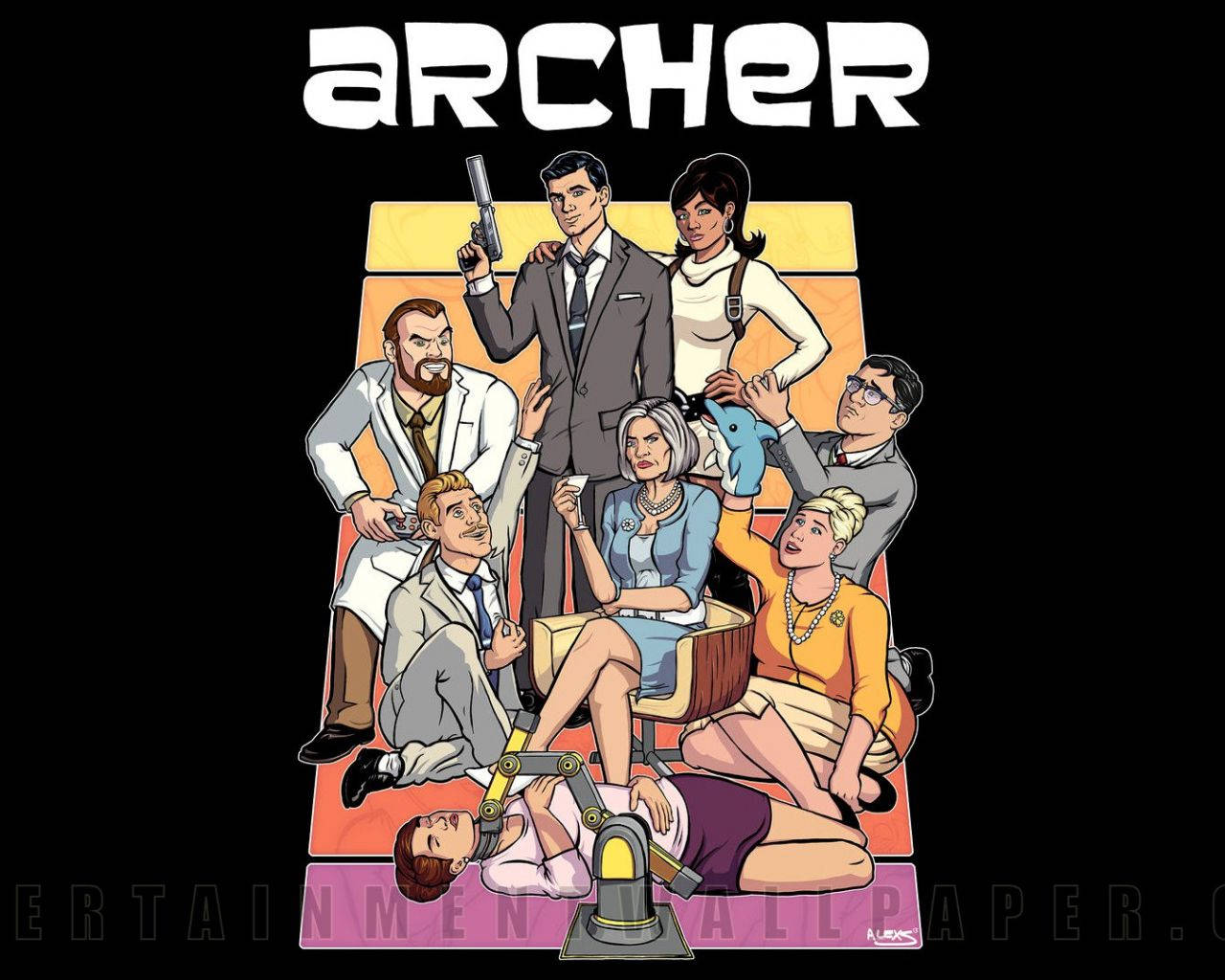 《Archer》電視劇演員以色彩繽紛的卡通風格在沙發上擺姿勢。