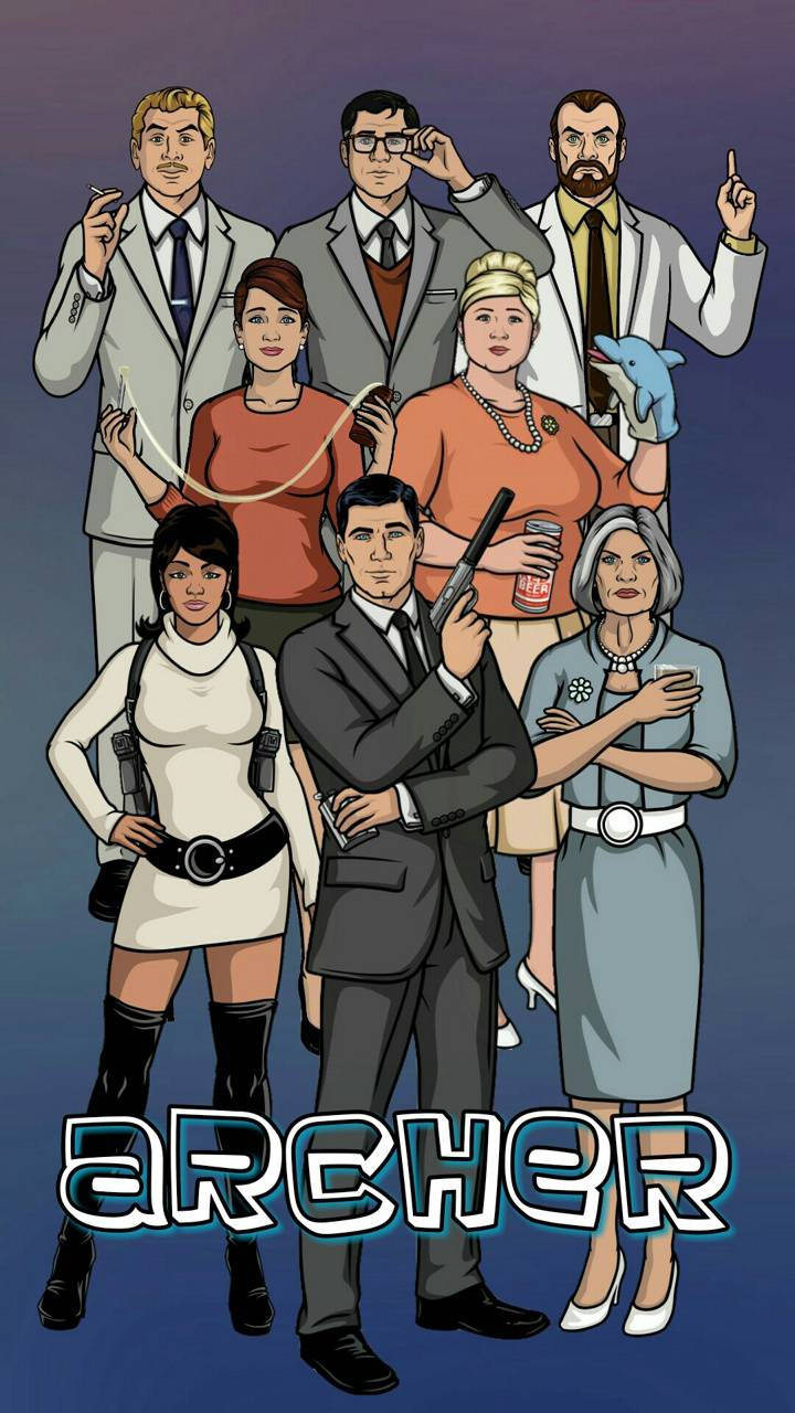 《Archer》電視節目角色穿著間諜服裝，手持武器和道具擺姿勢。
