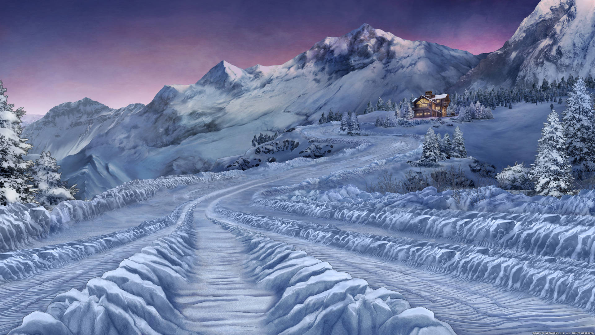 暮色中通往亮燈小屋的積雪山路。