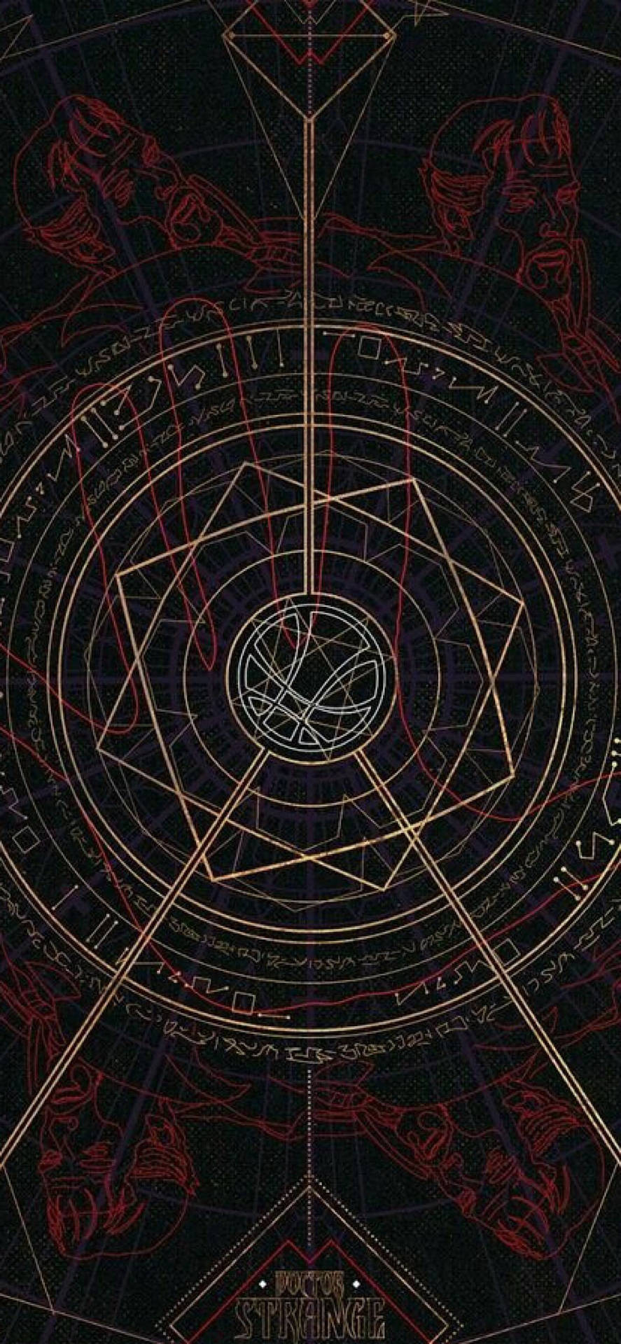 奇異博士的神秘宇宙圖，帶有發光的符號和標記。