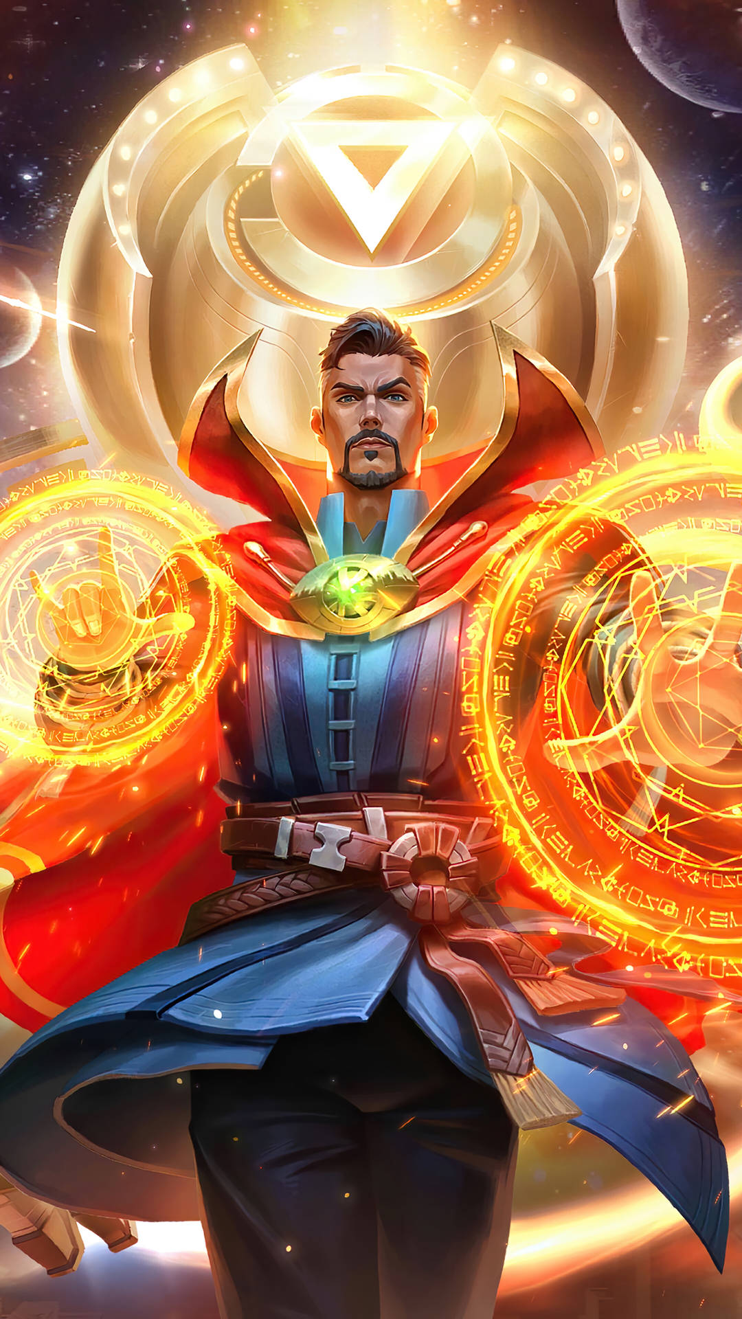 奇異博士身穿宇宙盔甲，在太空中施展發光的魔法咒語。