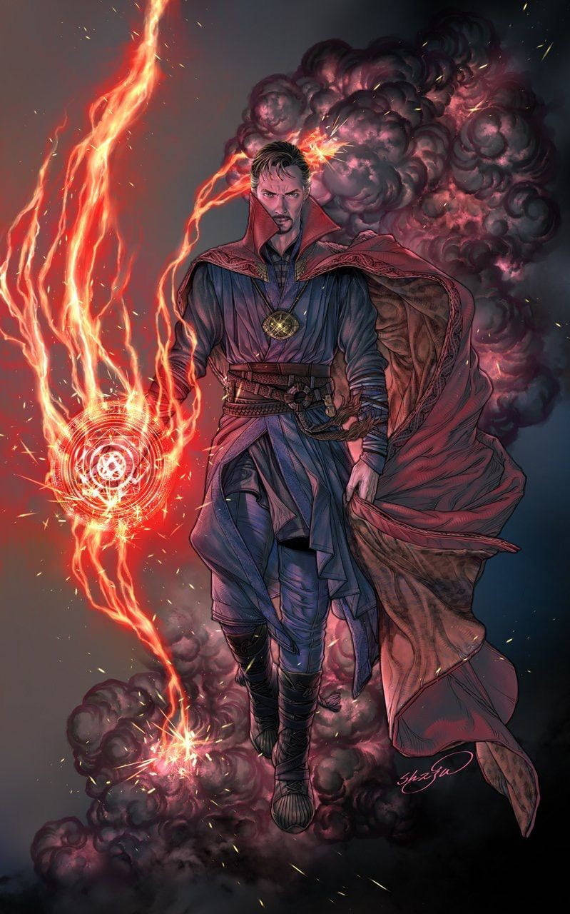 奇異博士被魔法紅色能量和烏雲包圍。