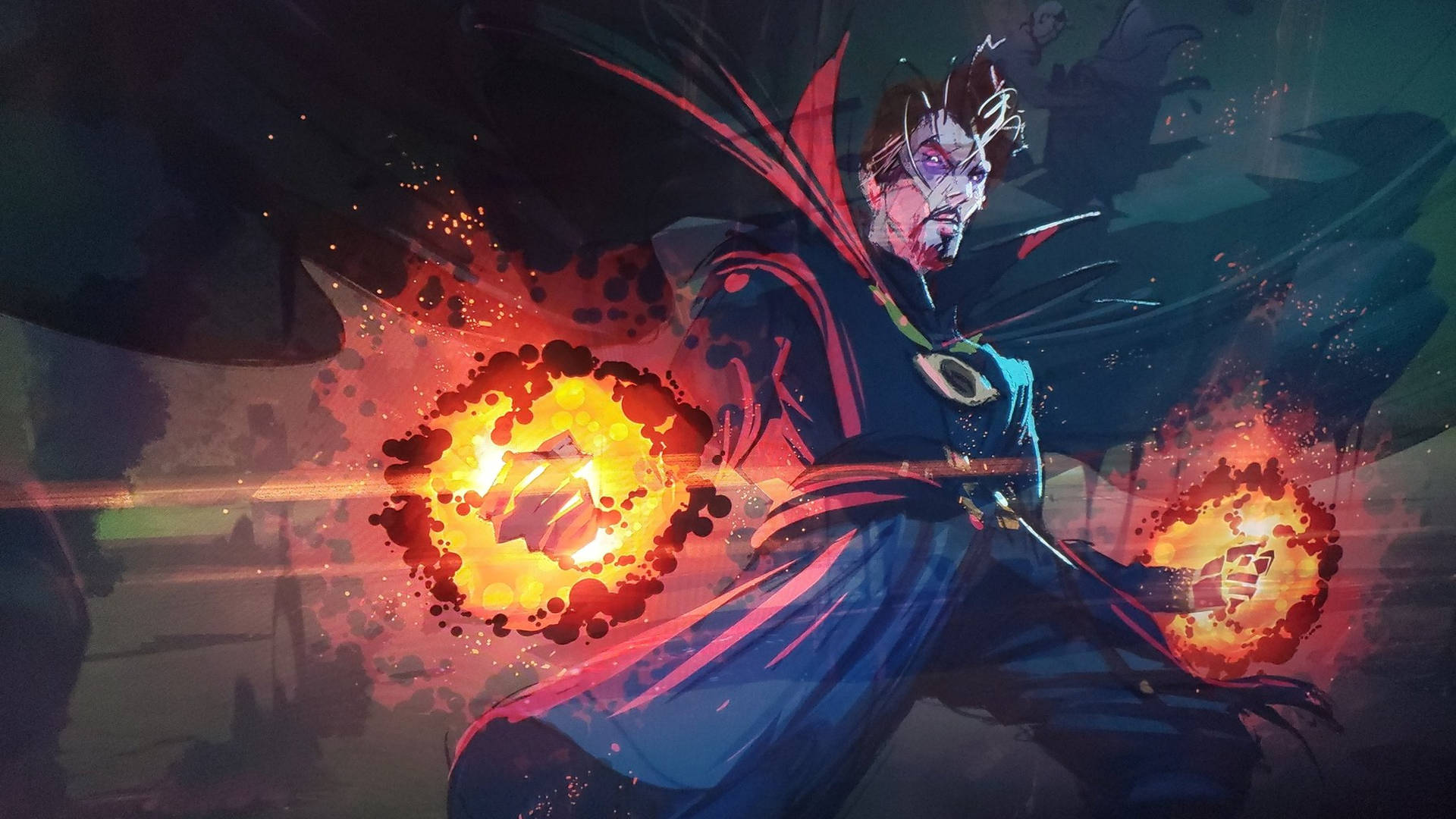 奇異博士在黑暗的奇幻場景中施放發光的橙色魔法球。
