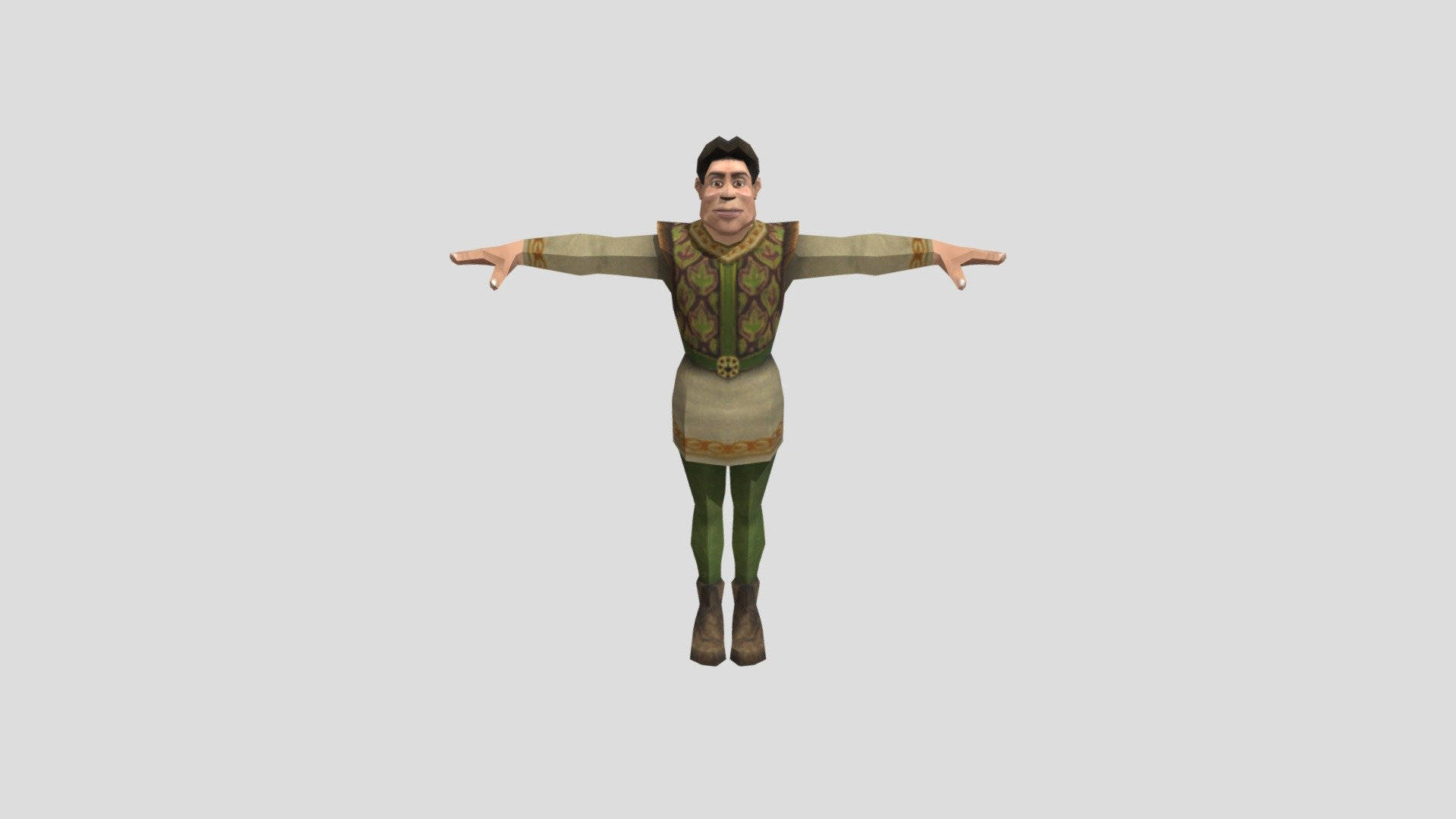 3D渲染的中世紀角色，身穿綠色和棕色服裝，張開雙臂。