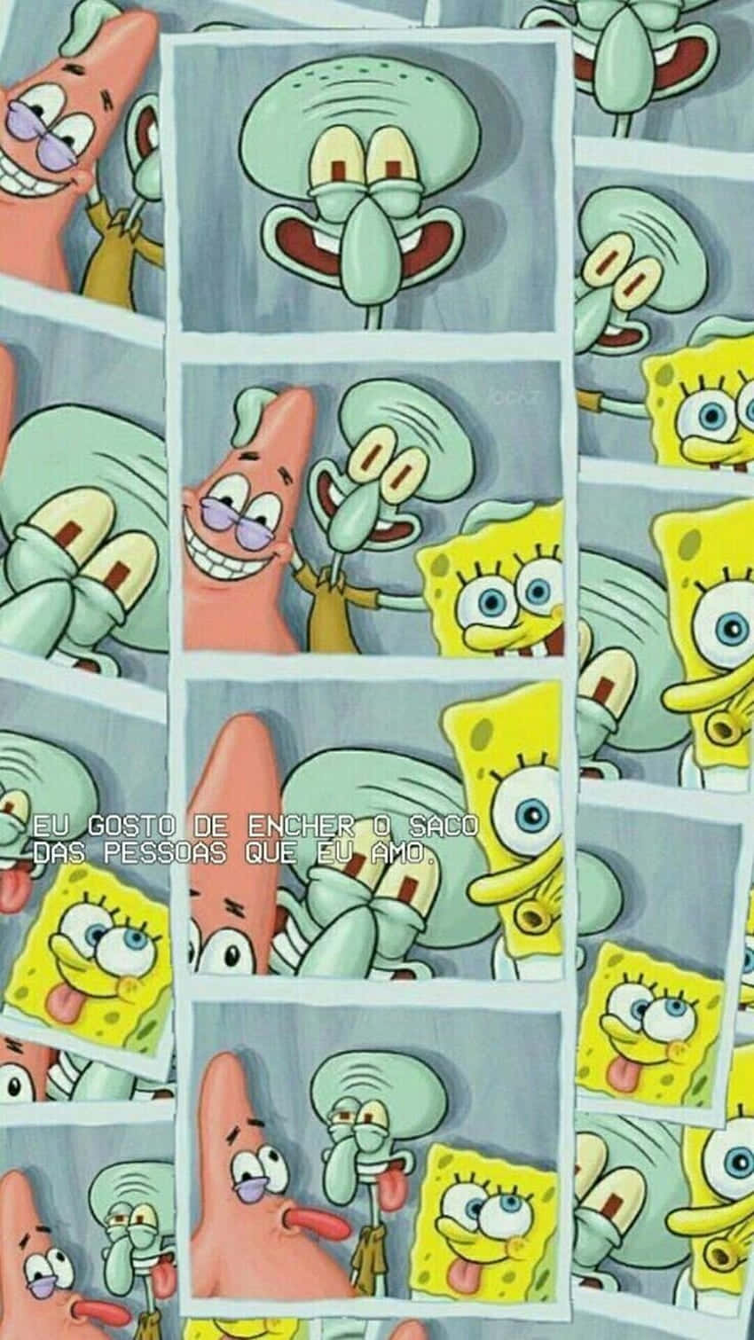 卡通角色 SpongeBob、Patrick 和 Squidward 在帶有葡萄牙語文字的連環漫畫中。