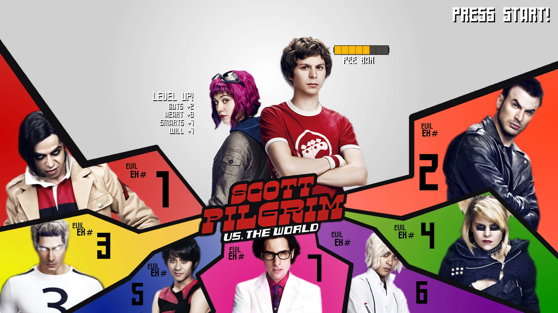Scott Pilgrim vs. the World 遊戲海報，七個邪惡前任在彩色面板中。