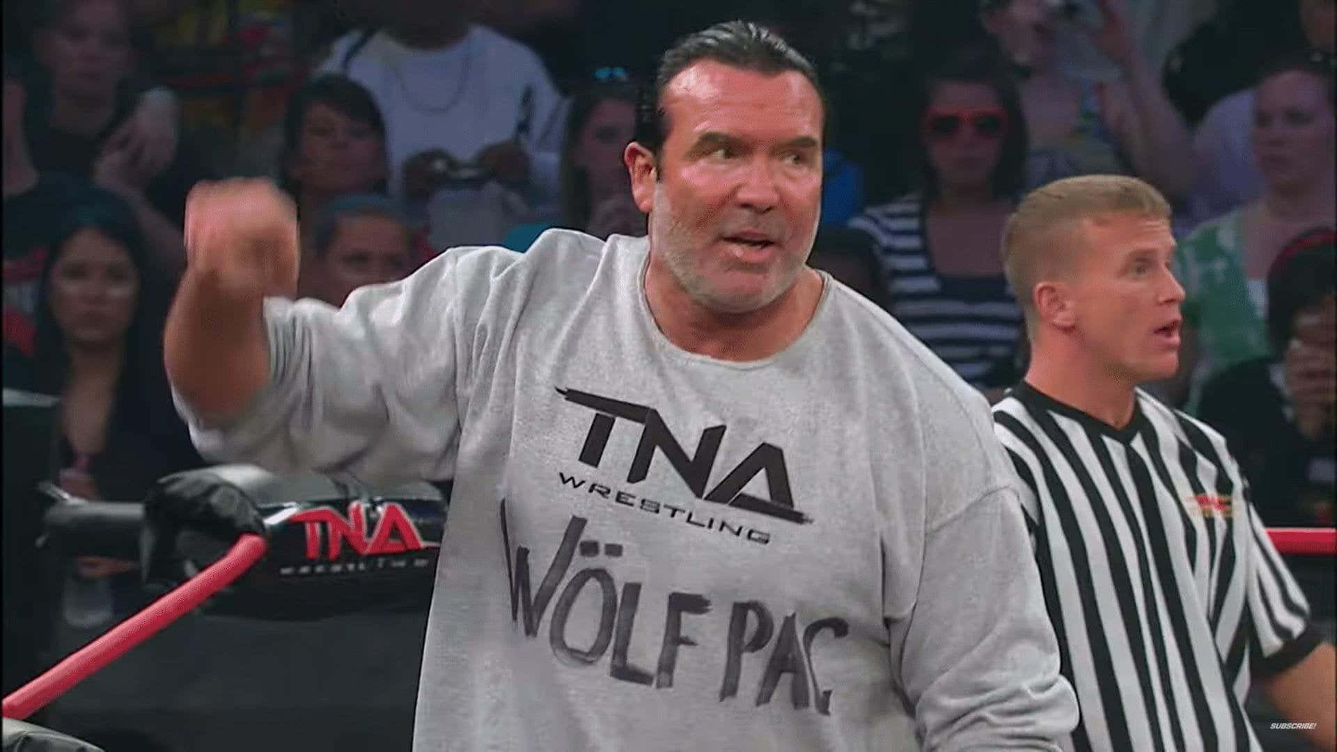 摔角手穿著灰色 TNA Wolf Pac T恤，在裁判附近於擂台上揮拳。