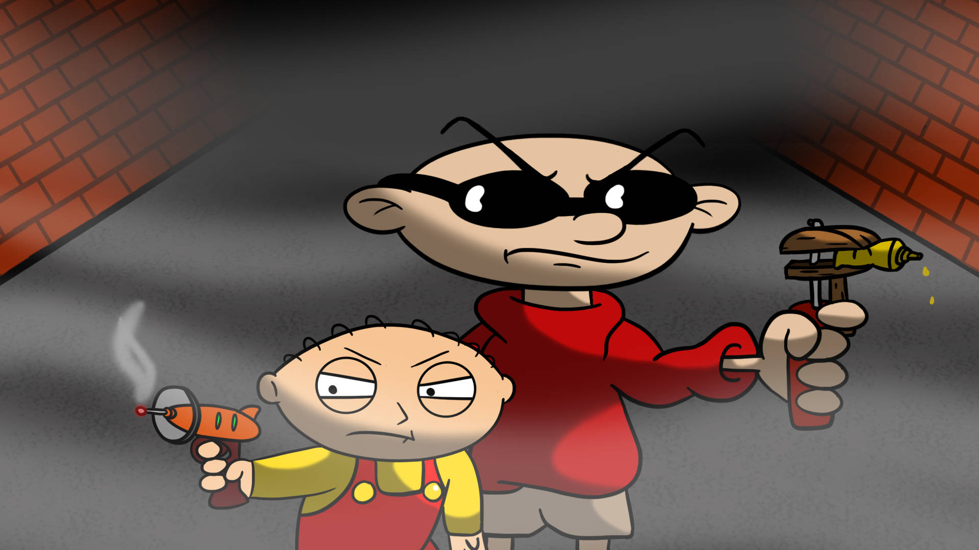史蒂夫·格里芬與Numbuh 1 壁紙 — 兩個卡通小孩在昏暗的磚隧道中，在黑暗燈光下以憤怒表情瞄準玩具槍。