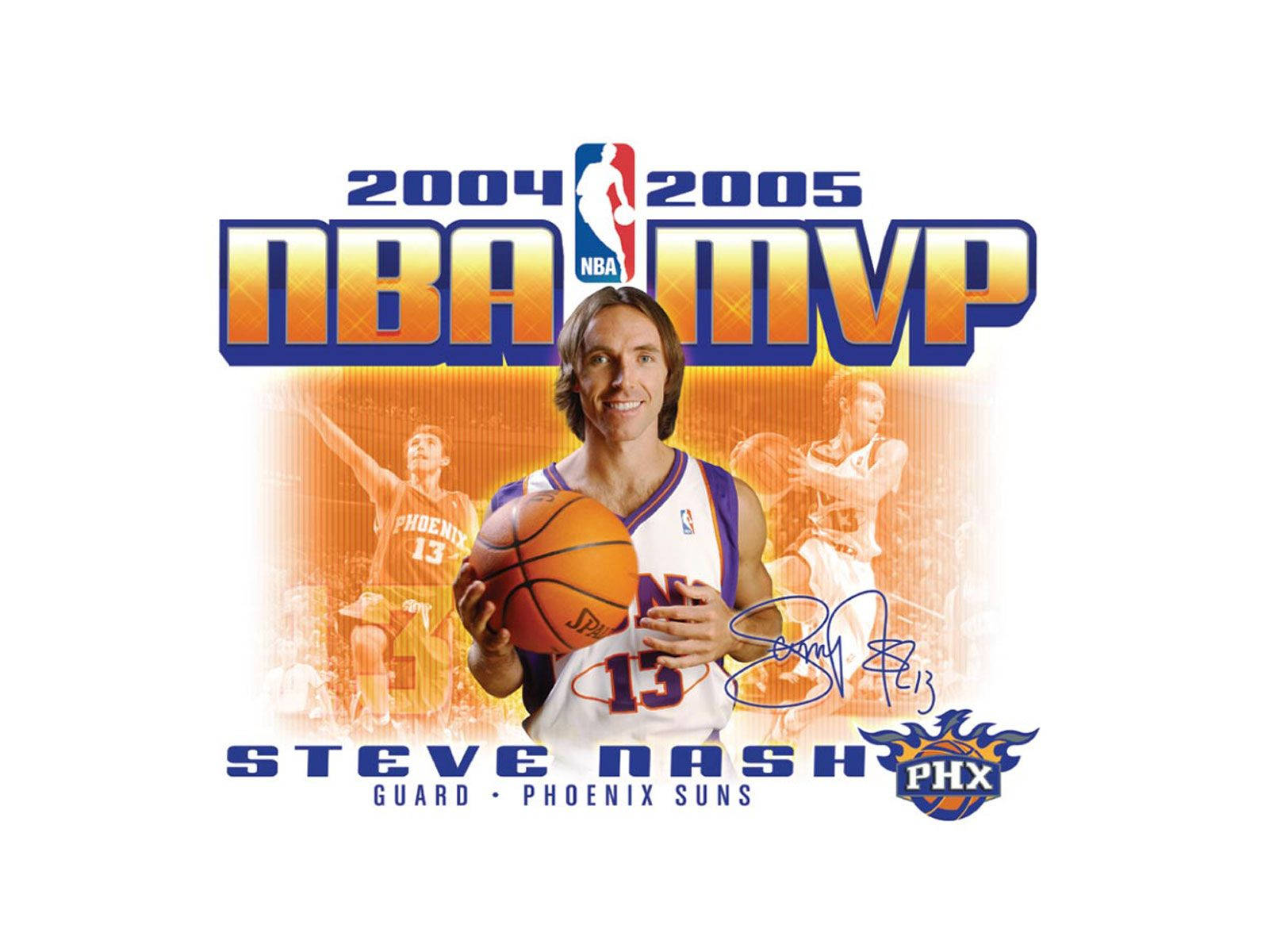 史蒂夫·納什 2004-2005 NBA最有價值球員 壁紙 — 身穿鳳凰城太陽隊球衣的Steve Nash手持籃球，背後有2004 2005 NBA MVP文字和球隊標誌。