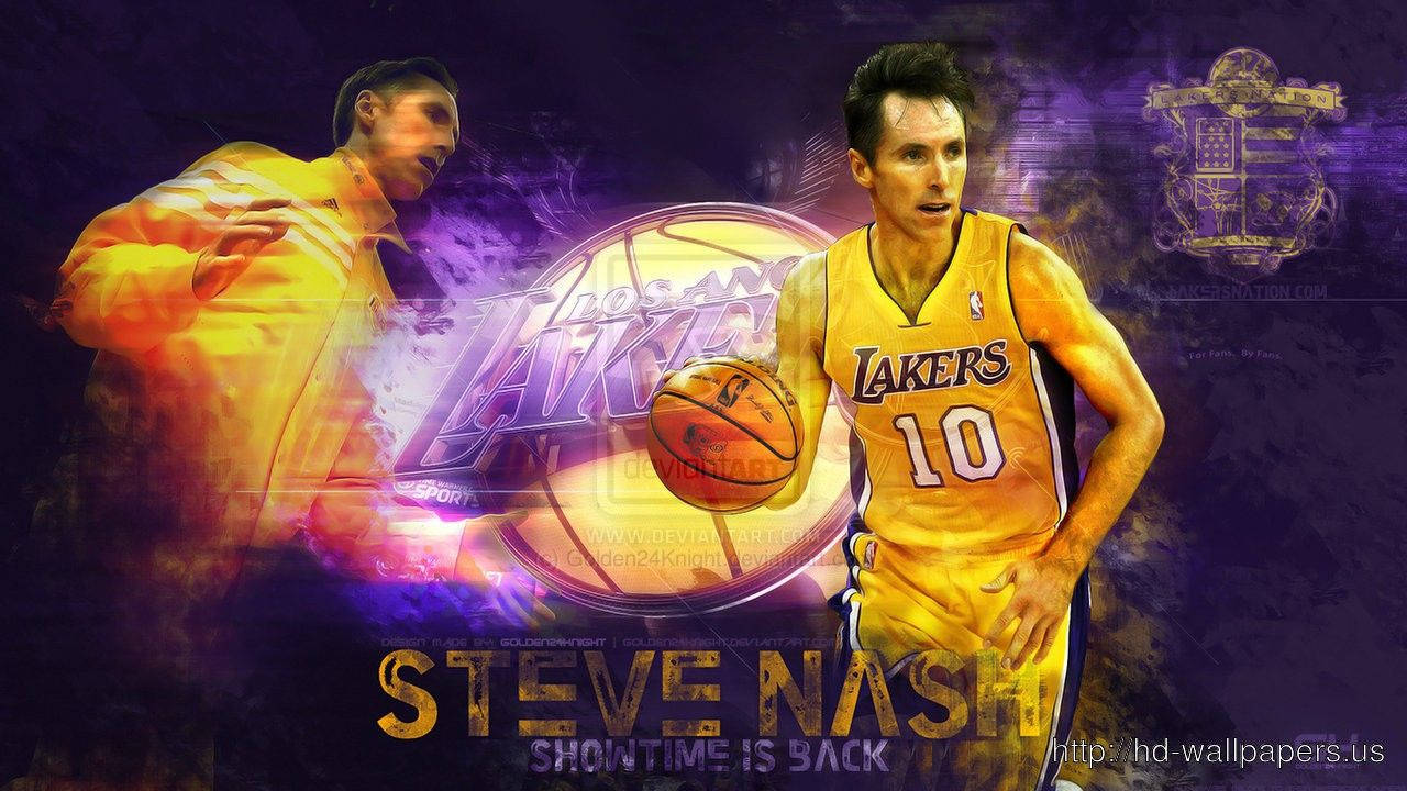 史蒂夫·納什：籃球傳奇 壁紙 — Steve Nash 身穿湖人球衣，在充滿活力的紫色和金色數位藝術背景中，手持籃球，帶有發光效果。