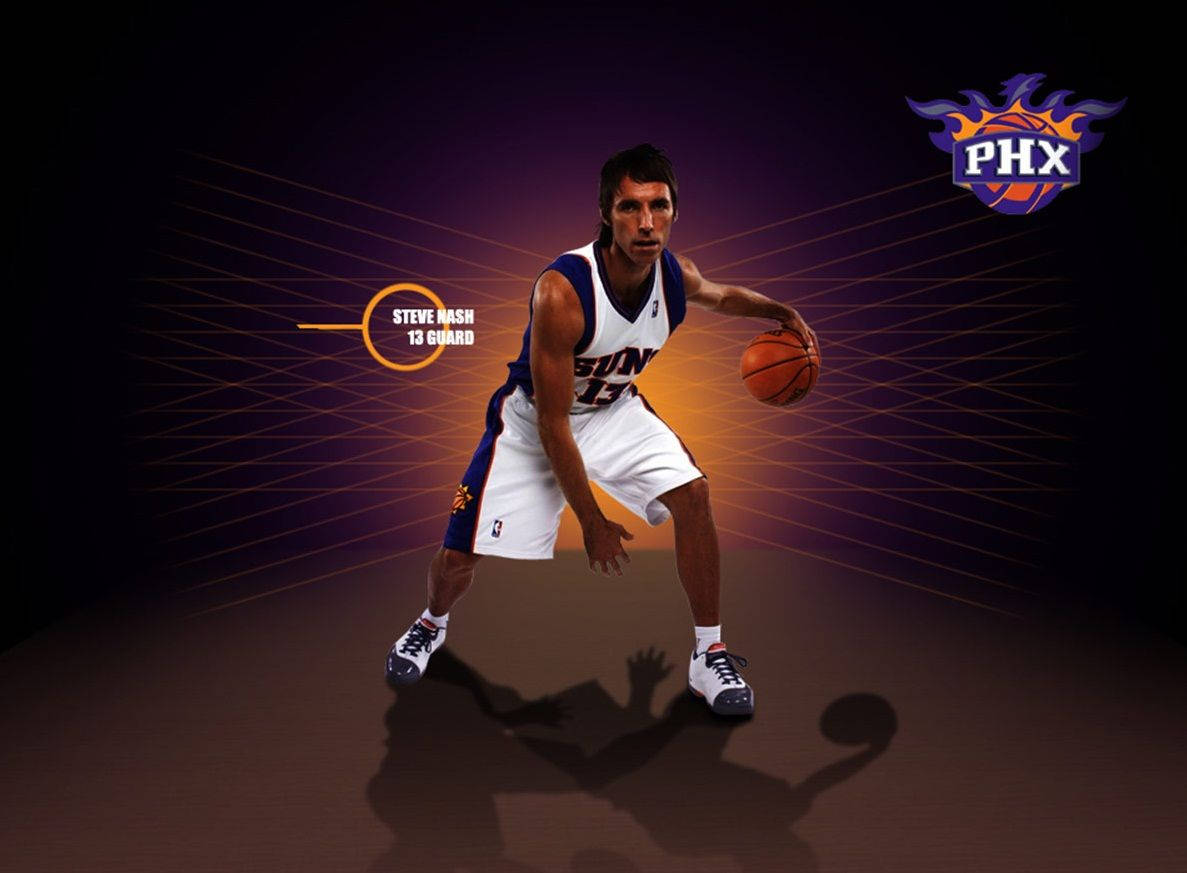 史蒂夫·納什太陽隊球員 壁紙 — 鳳凰城太陽隊球員 Steve Nash 身穿球衣，在深紫色背景上帶有發光橙色線條的環境中運球。
