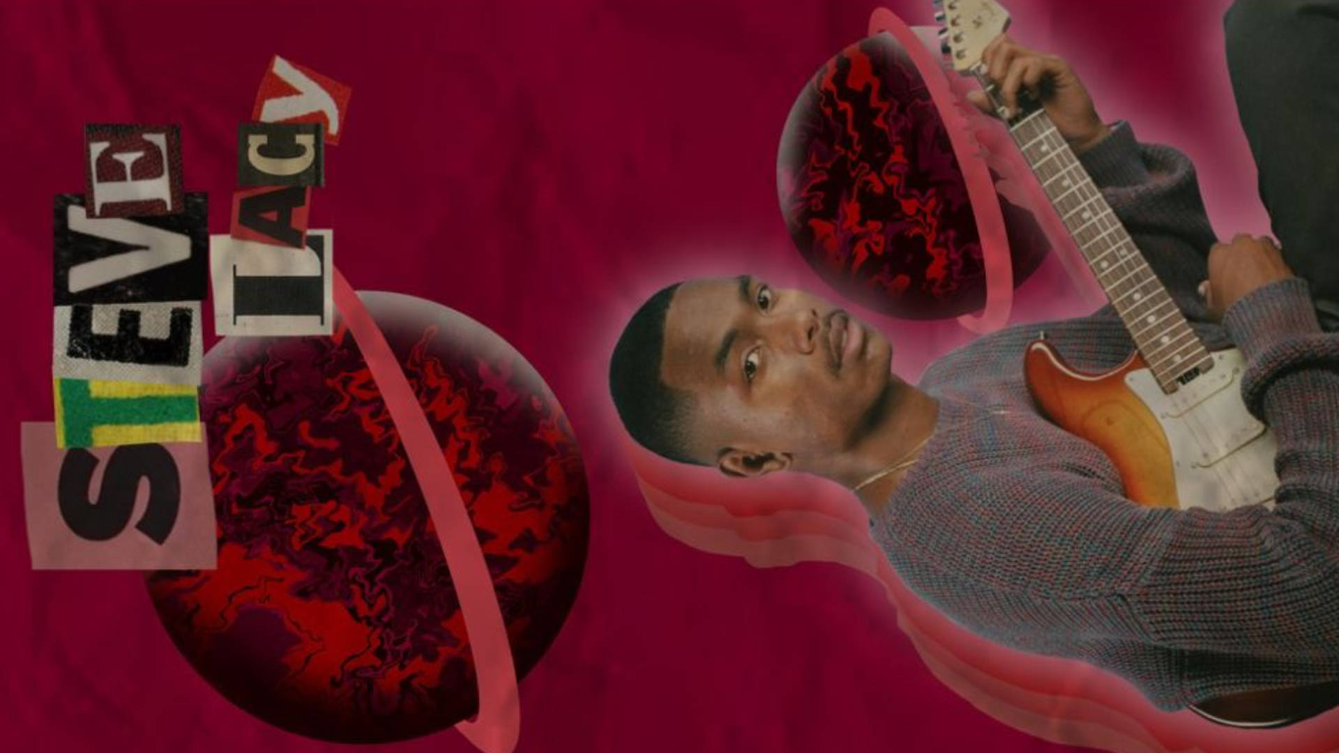 Steve Lacy 在洋紅色背景上彈奏電結他，帶有漂浮的紅色球體和粗體文字。