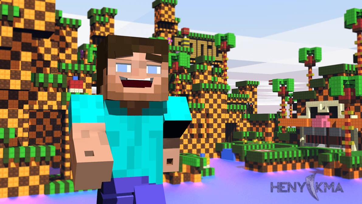 Minecraft角色在一個有方塊樹木和發光水的叢林中微笑。 — 我的世界 壁紙