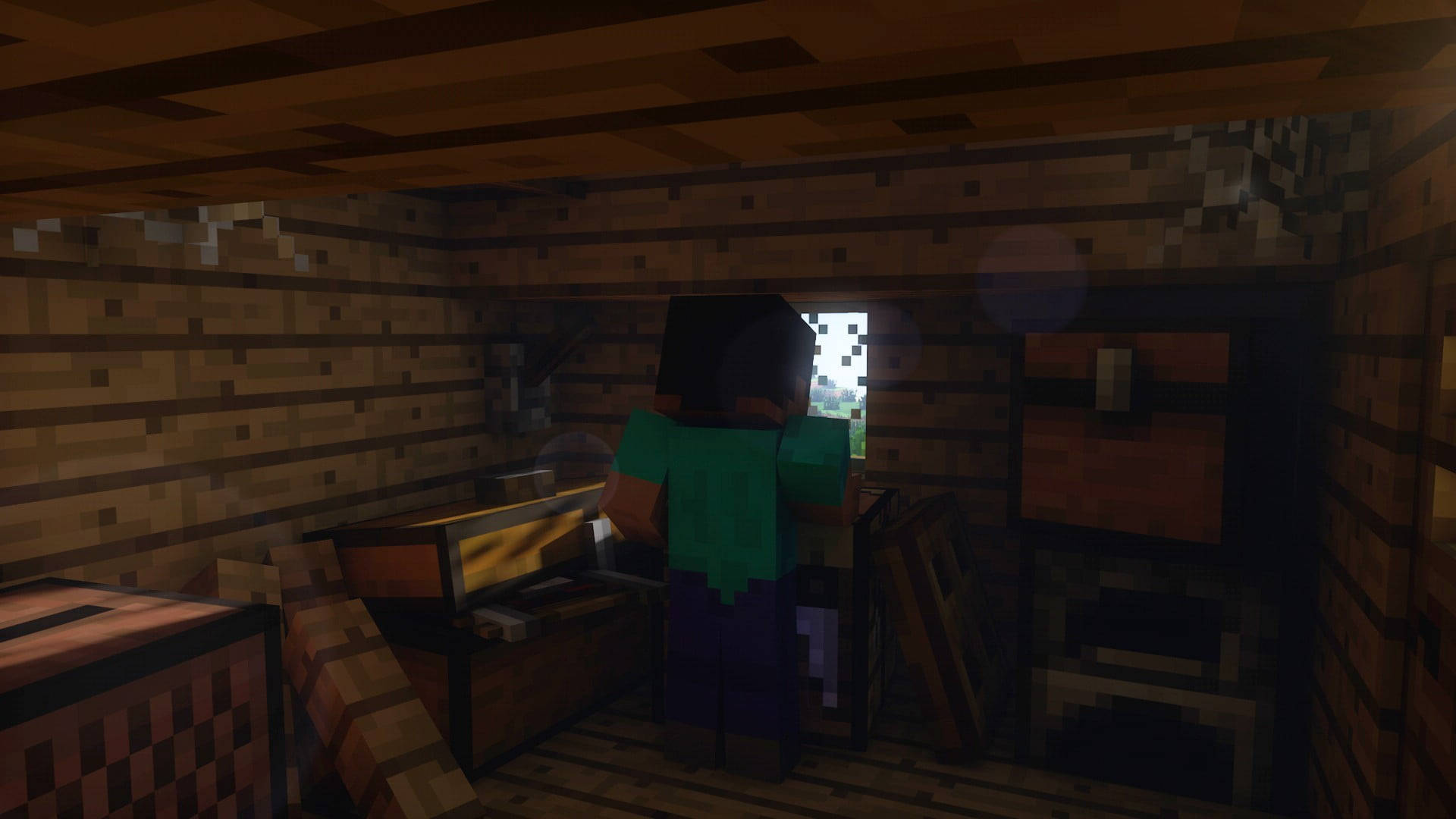 Minecraft角色喺木造小屋入面喺黃昏時望出窗外