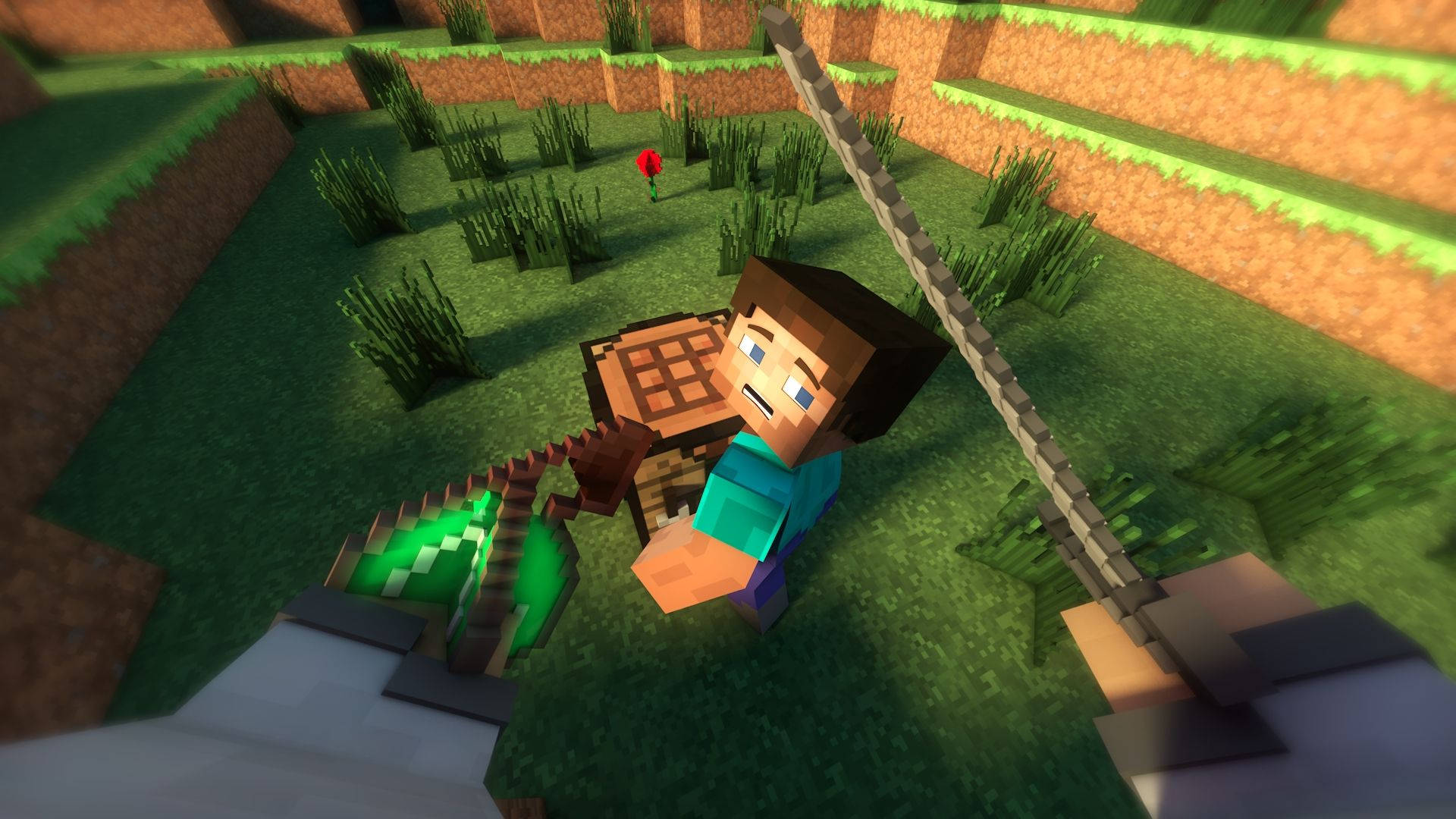 Minecraft角色在草地地形中手持劍和盾牌，帶有紅花。