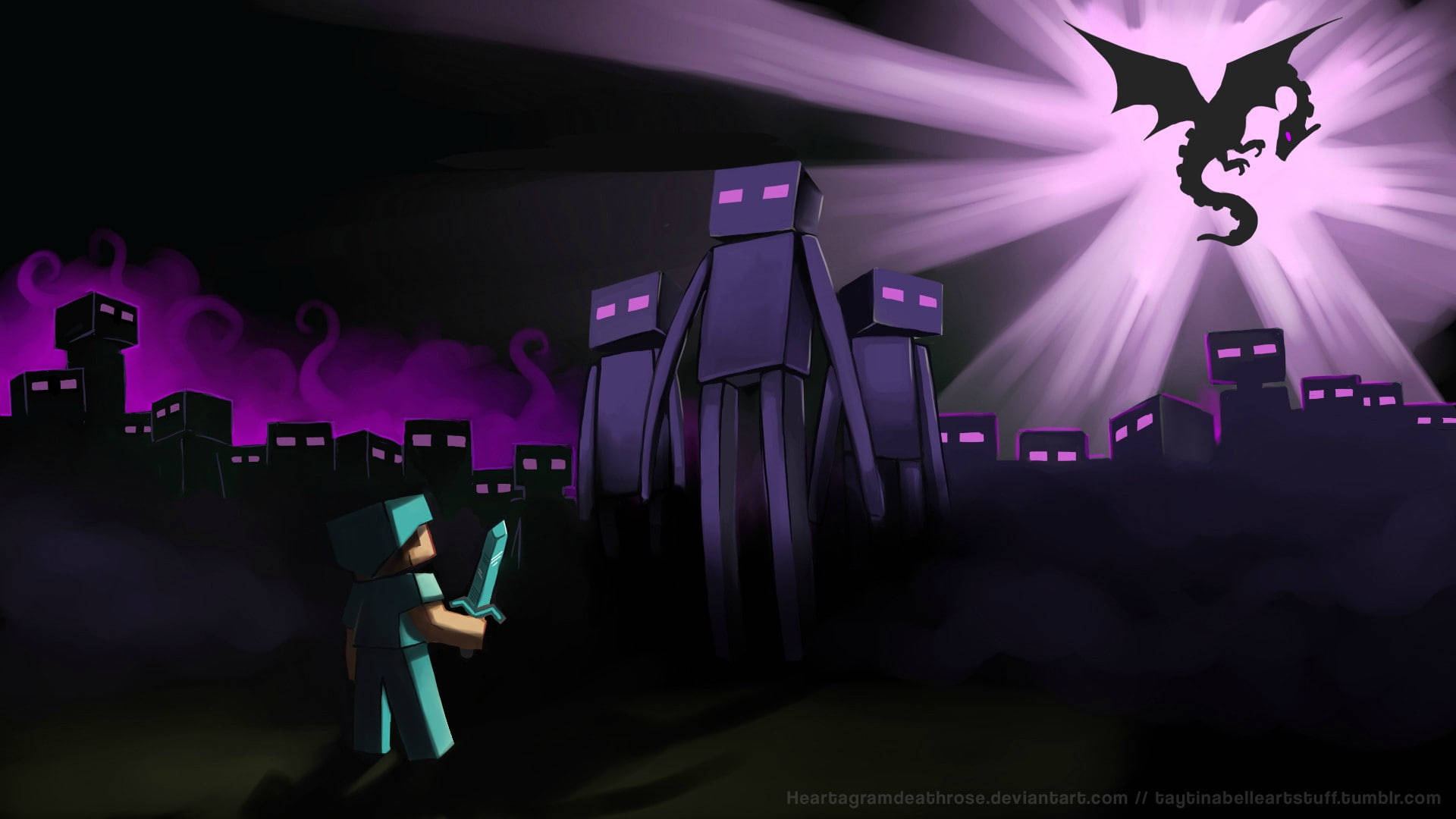 Minecraft 玩家在深紫色景觀中與終界使者和龍戰鬥。