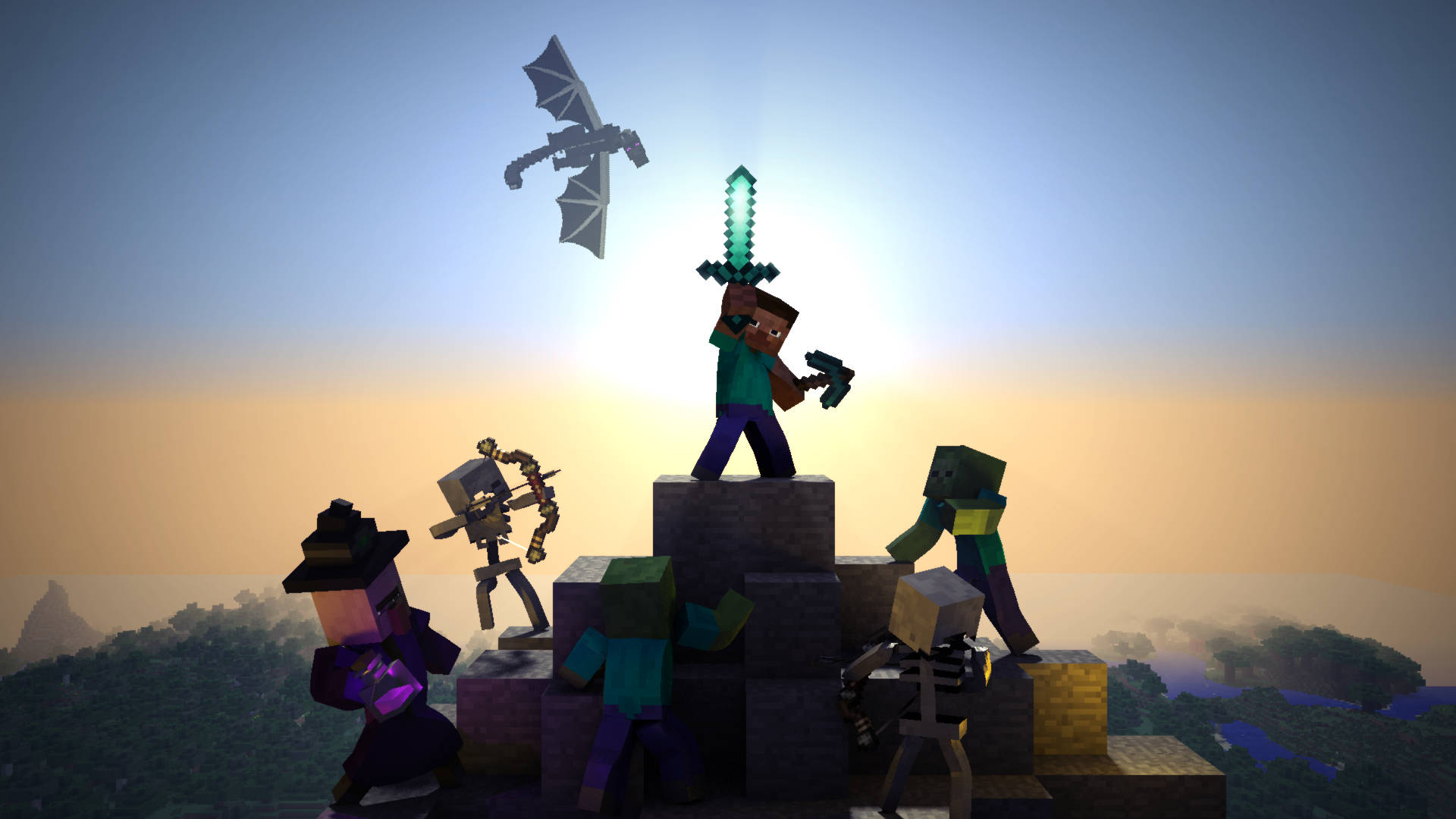 Minecraft角色在石金字塔上慶祝勝利，一條龍在日落時分飛過頭頂。