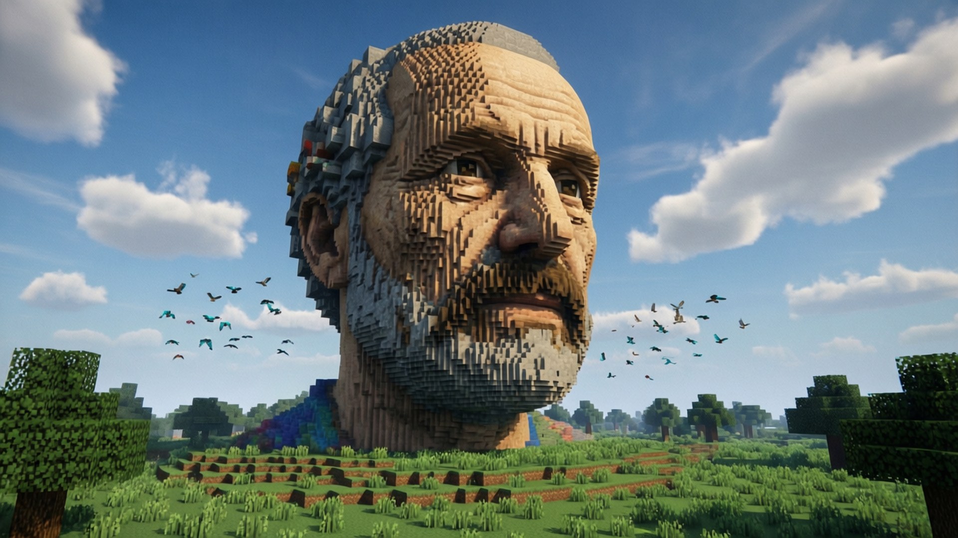 史蒂夫巨像 壁紙 — 一個鬍鬚男人的巨大像素化頭顱從草地的Minecraft景觀中升起，藍天下有鳥兒飛翔。