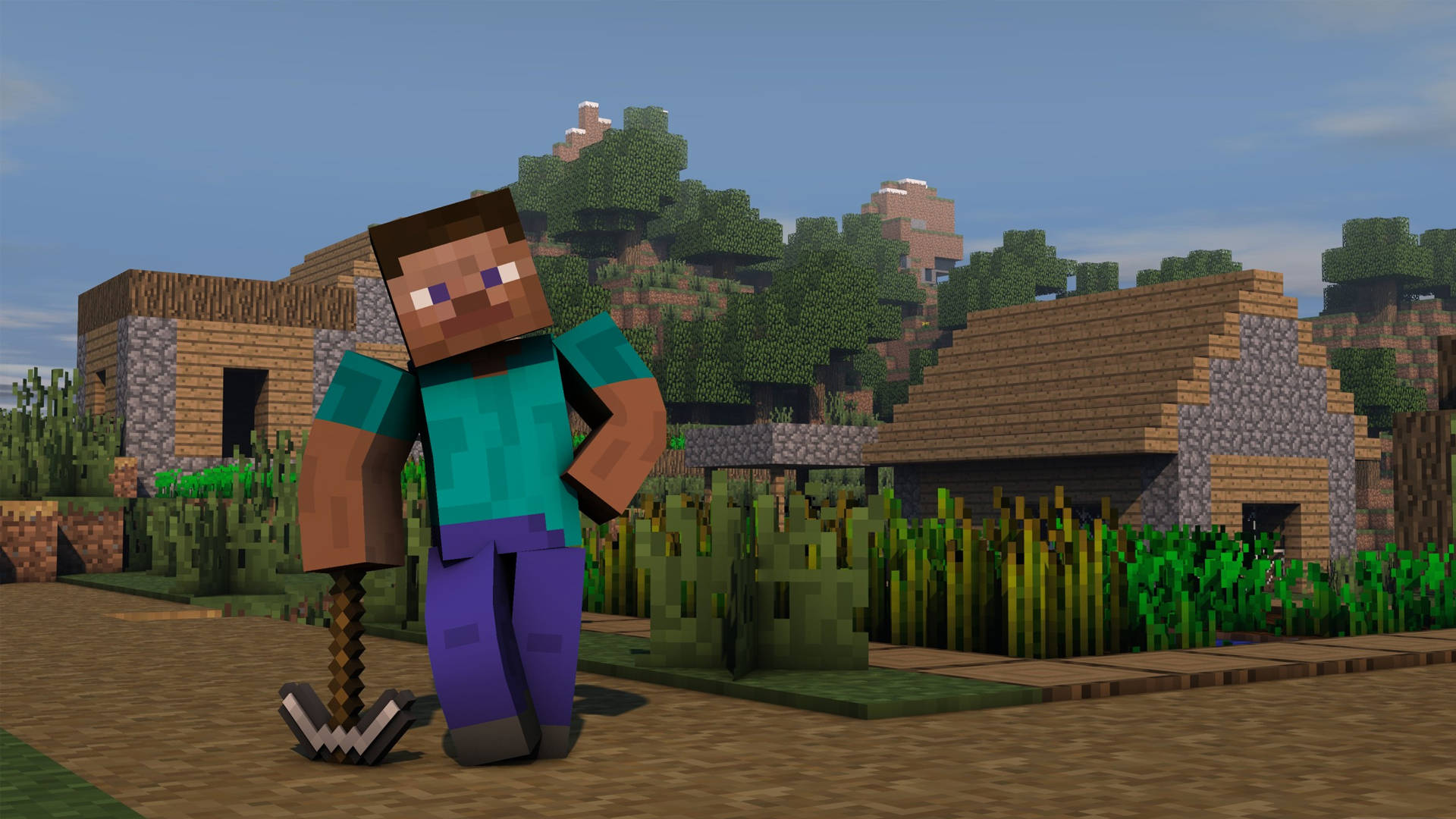 在方塊狀房屋和綠植的村莊中，Minecraft角色手持鎬子。