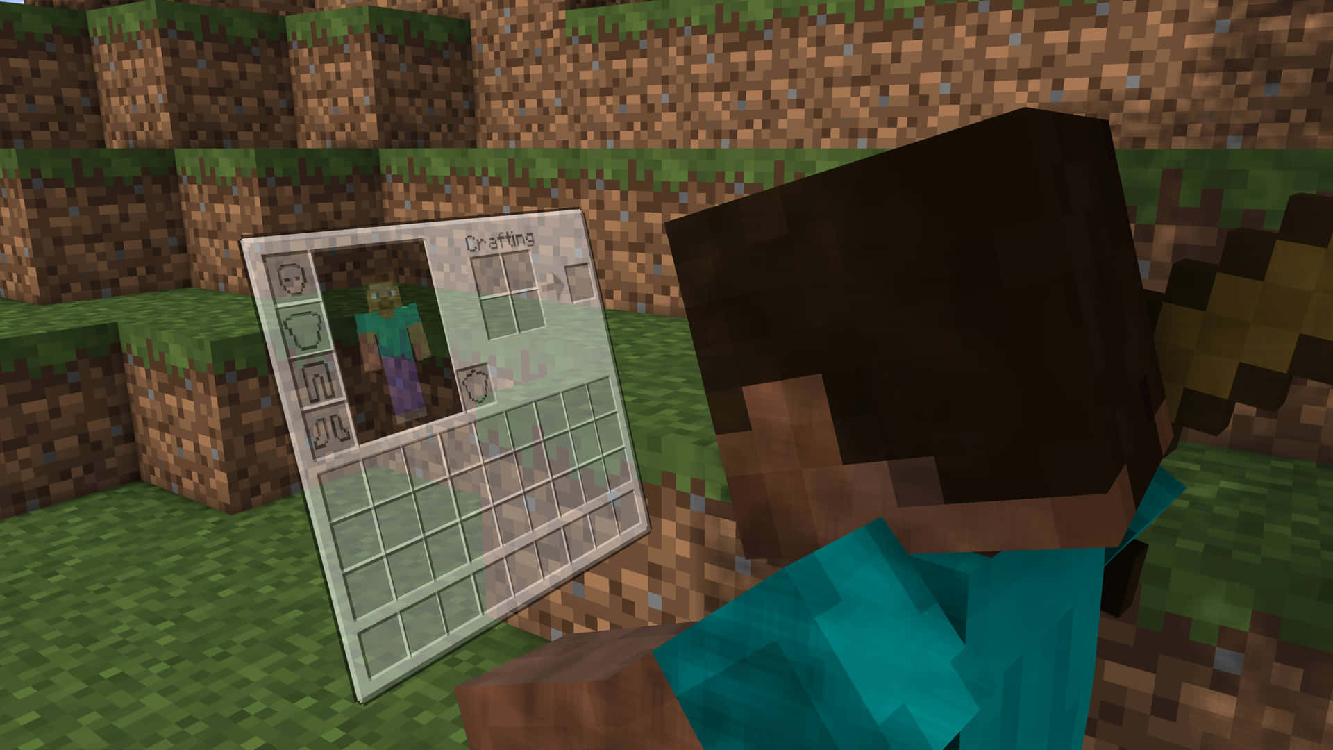 Minecraft玩家在草地地形上打開合成選單