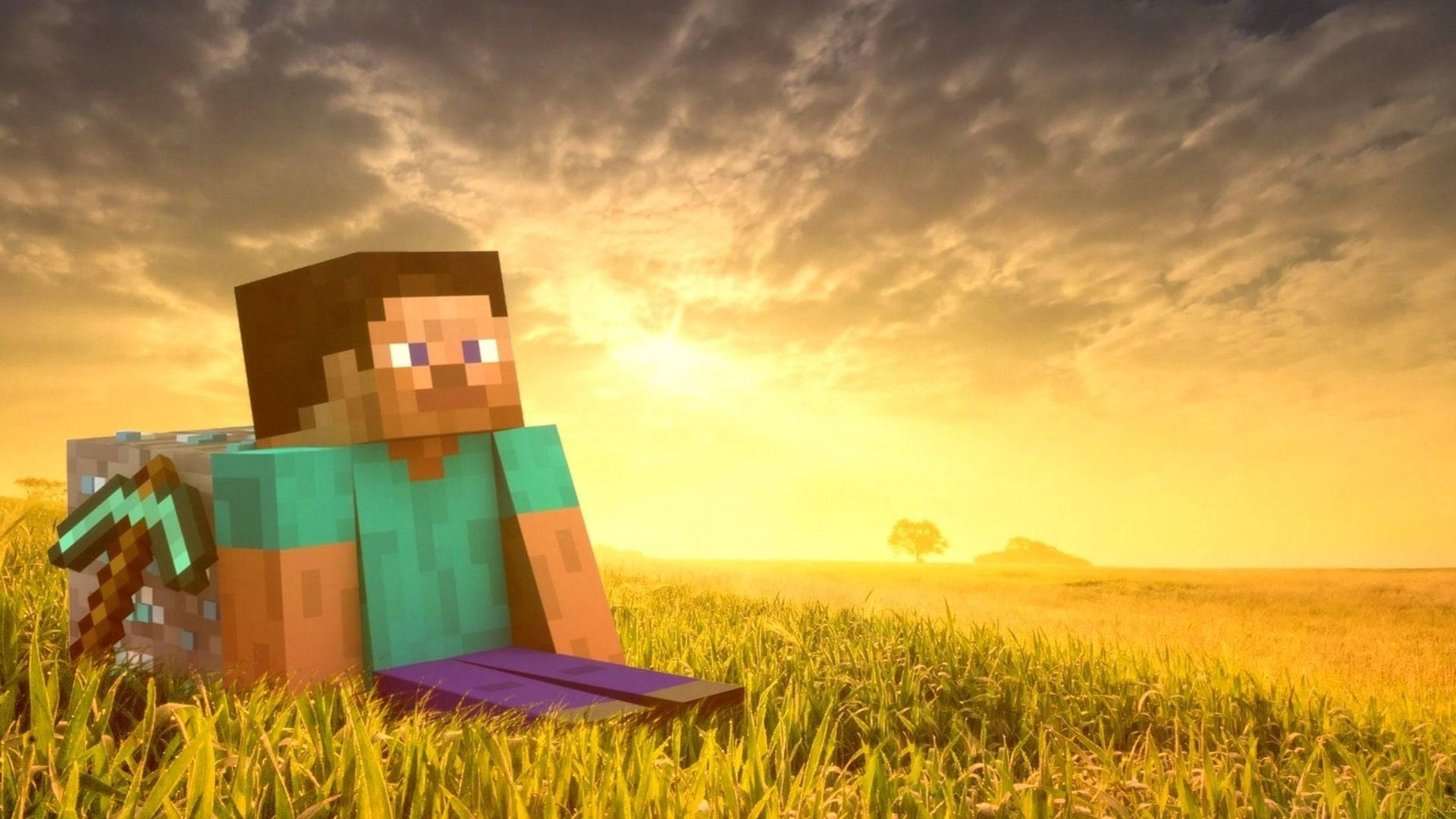 Minecraft角色在日落時坐在草地上手持鑽石劍。 — 我的世界 壁紙