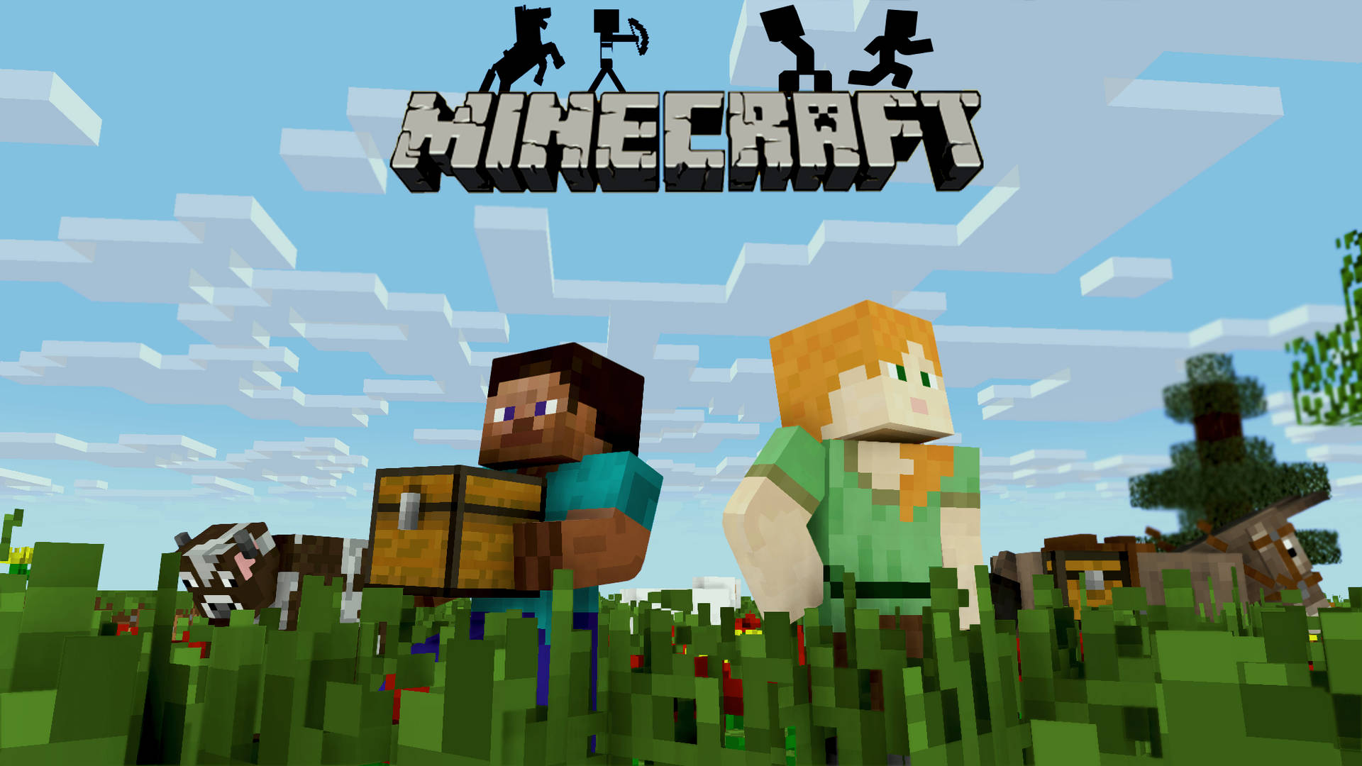 兩個Minecraft角色站在像素化天空下的草地上。