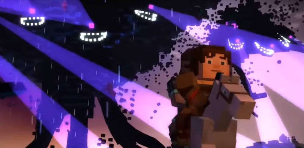 史蒂夫與風暴凋零怪 壁紙 — 一個Minecraft角色站在像素化風暴中，下方是發光的紫色光束，周圍漂浮著微笑的臉孔。