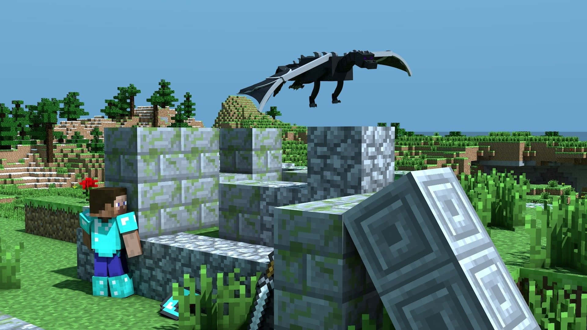 Minecraft玩家喺石磚附近，頭頂有飛龍。