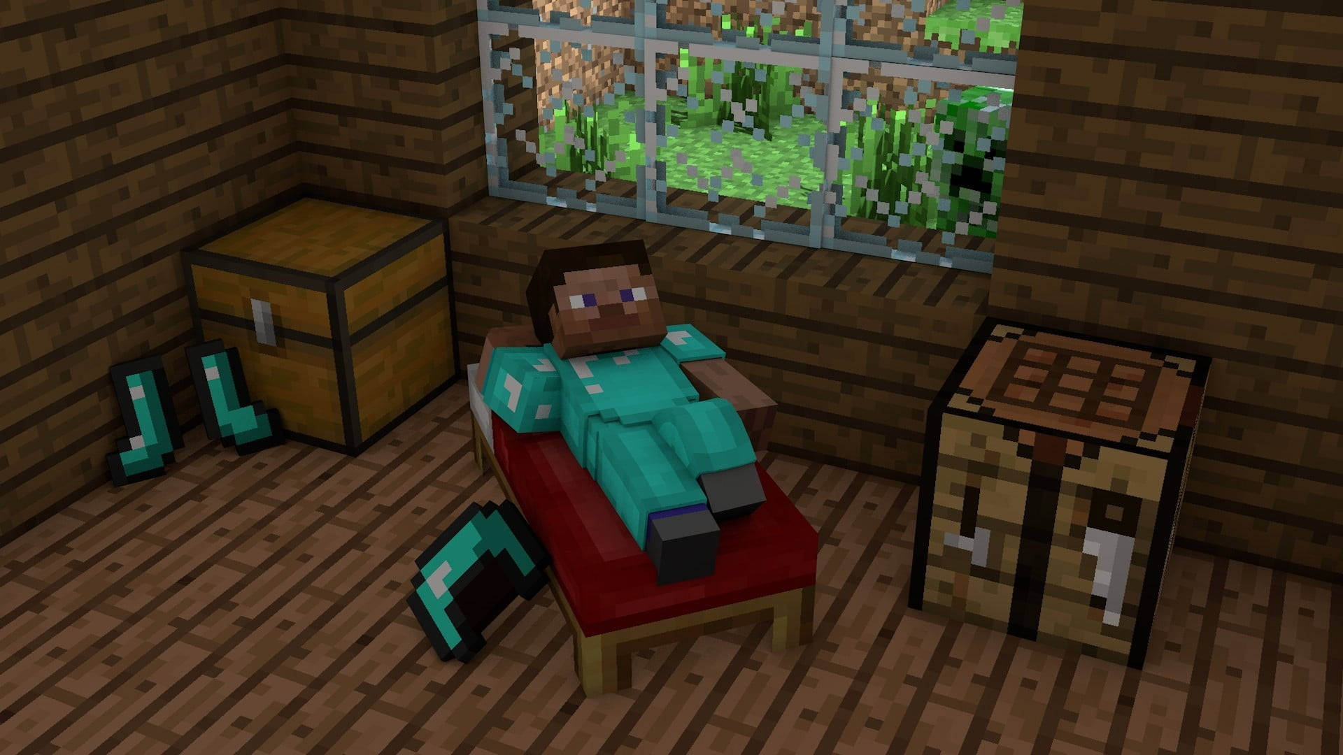 穿著青綠色盔甲的Minecraft角色喺木屋入面嘅紅色床上休息。