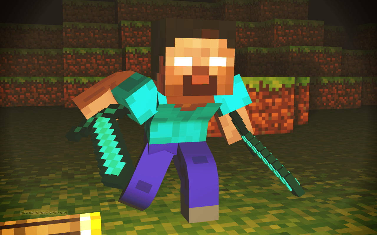 Minecraft角色在草地生物群落中手持鑽石劍和盾牌。