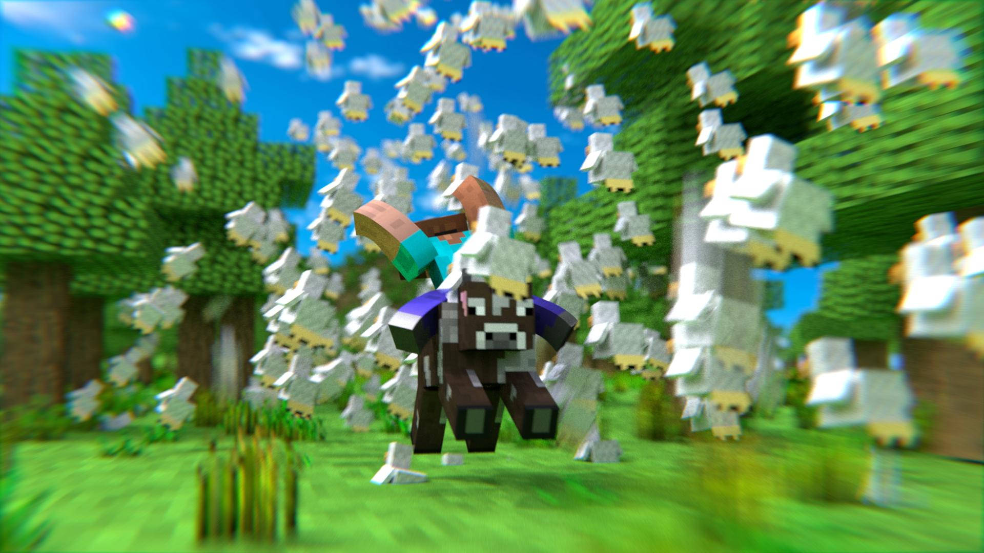 Minecraft玩家騎著馬，在像素化森林中有飛翔的羊。