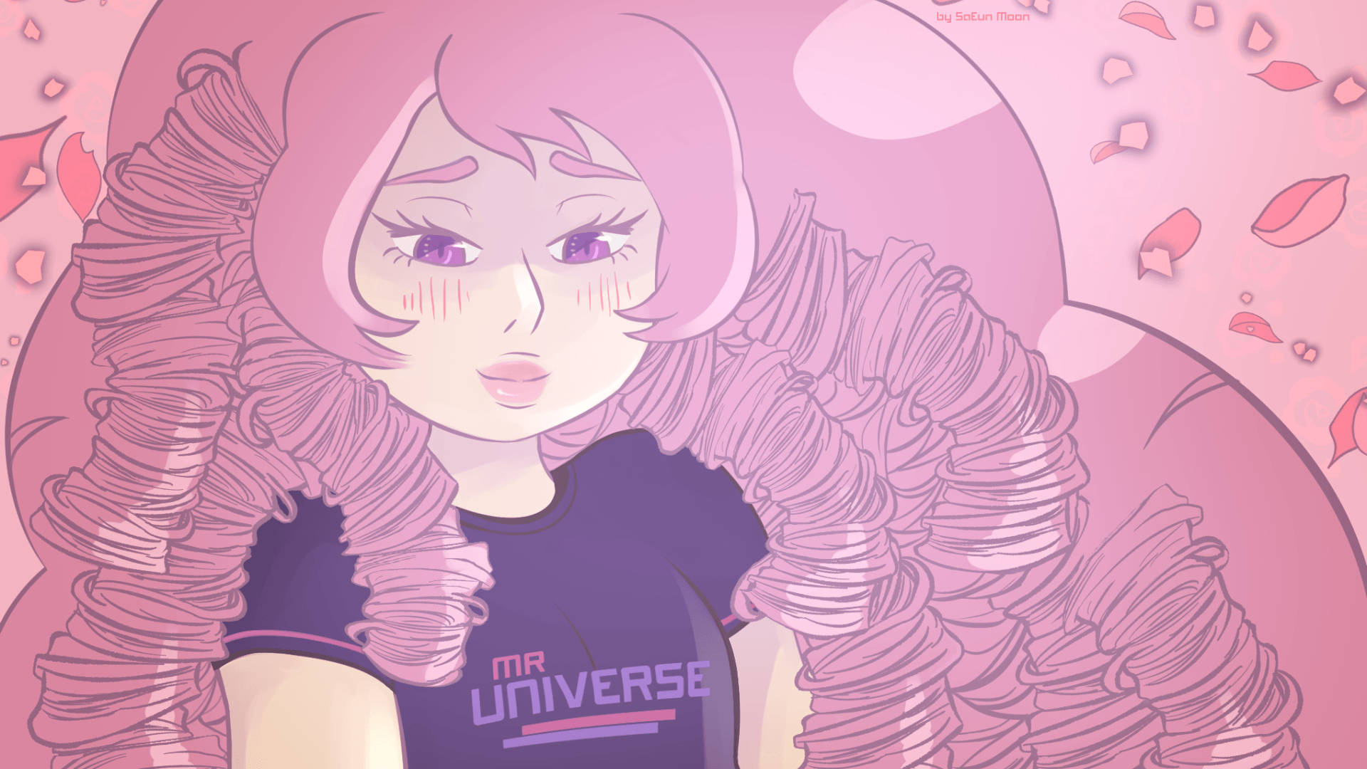 粉紅色頭髮和荷葉邊服裝的動漫女孩穿著Mr Universe襯衫。