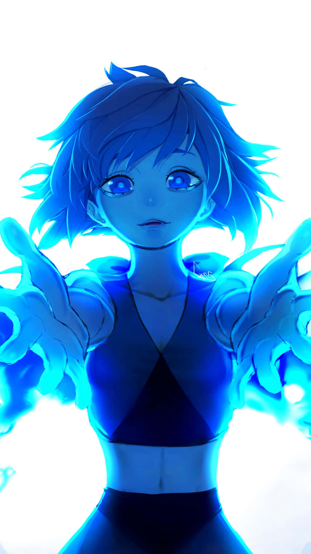 藍髮動漫女孩，眼睛發光，散發能量。