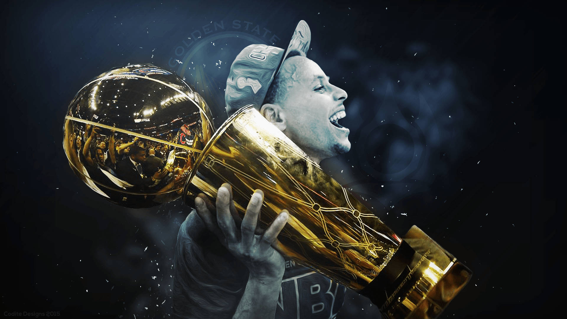 籃球運動員在宇宙背景下高舉NBA冠軍獎盃。