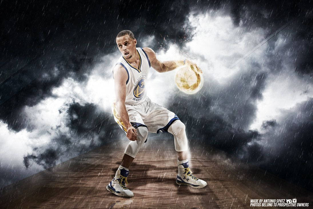 籃球運動員在暴風雨中運球發光。