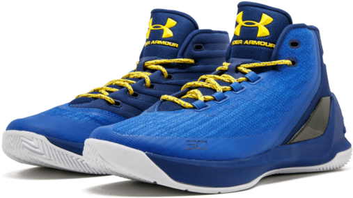 史蒂芬·柯瑞藍黃籃球鞋 壁紙 — 一對充滿活力的藍色 Under Armour 籃球鞋，配以大膽的黃色鞋帶和白色鞋底，在純黑背景下格外突出。