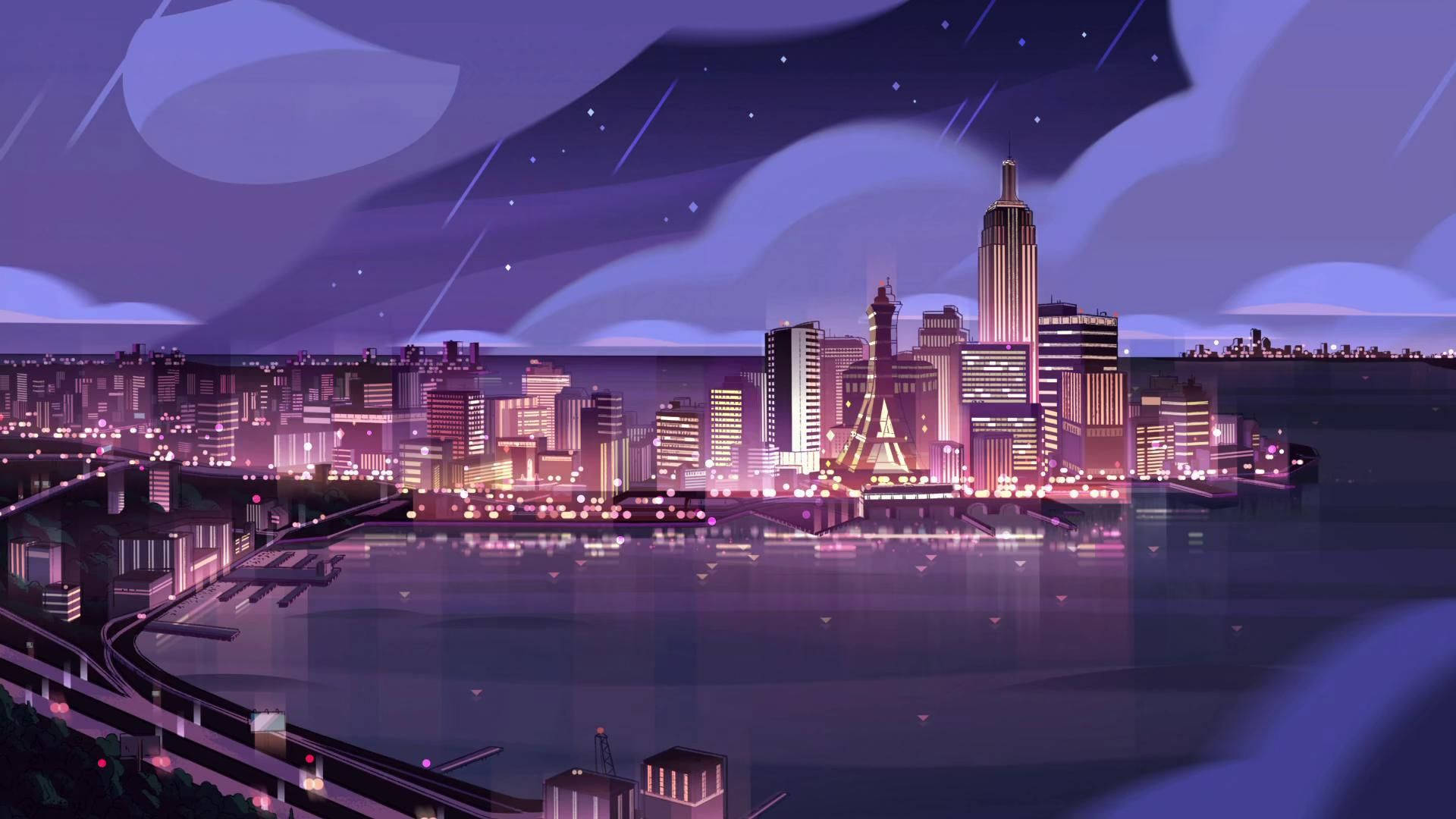 星空下，水面反射出閃爍建築物的城市夜景天際線。