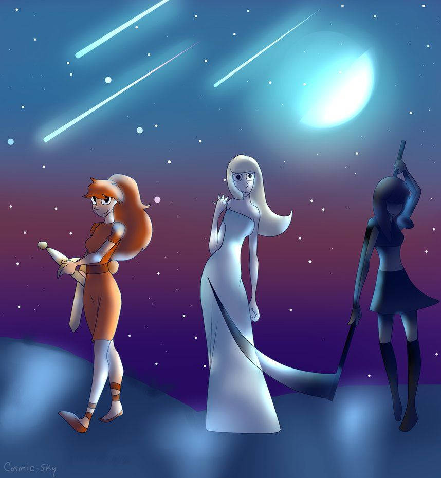 三個動漫角色在星空下，有流星和發光的月亮。