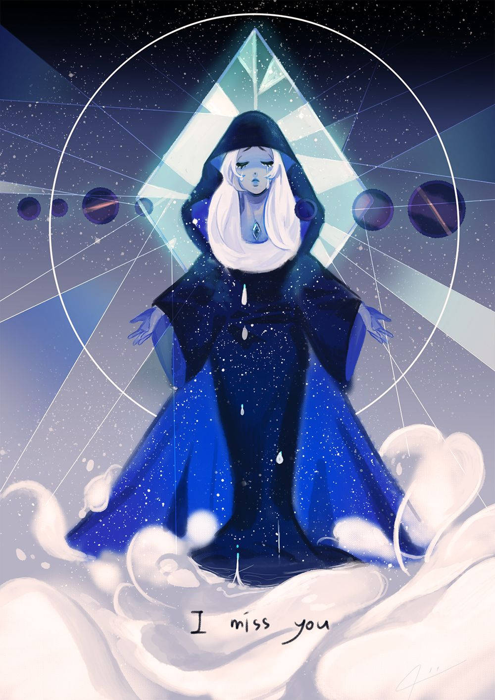 穿著藍色長袍的動漫角色漂浮在雲端上，帶有宇宙背景和文字我想你
