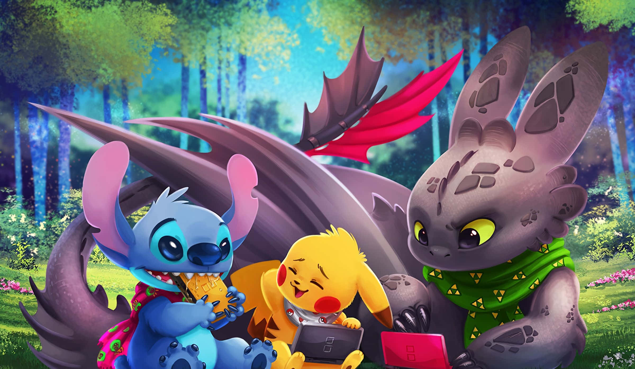 Cute Lilo And Stitch 桌布 壁紙 — 史迪仔、比卡超和冇牙仔聚集在魔法森林空地，在發光樹下分享零食和小工具。