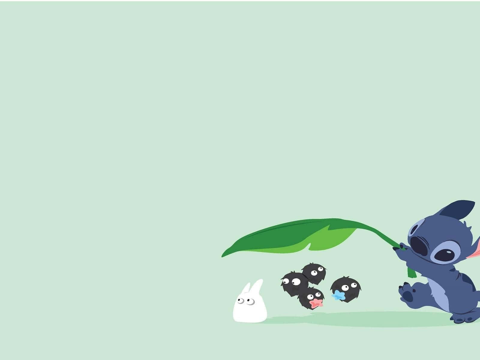Cute Lilo And Stitch 桌布 壁紙 — 史迪仔喺淺綠色背景上，用樹葉遮擋住一隻白兔同三隻黑色小生物。