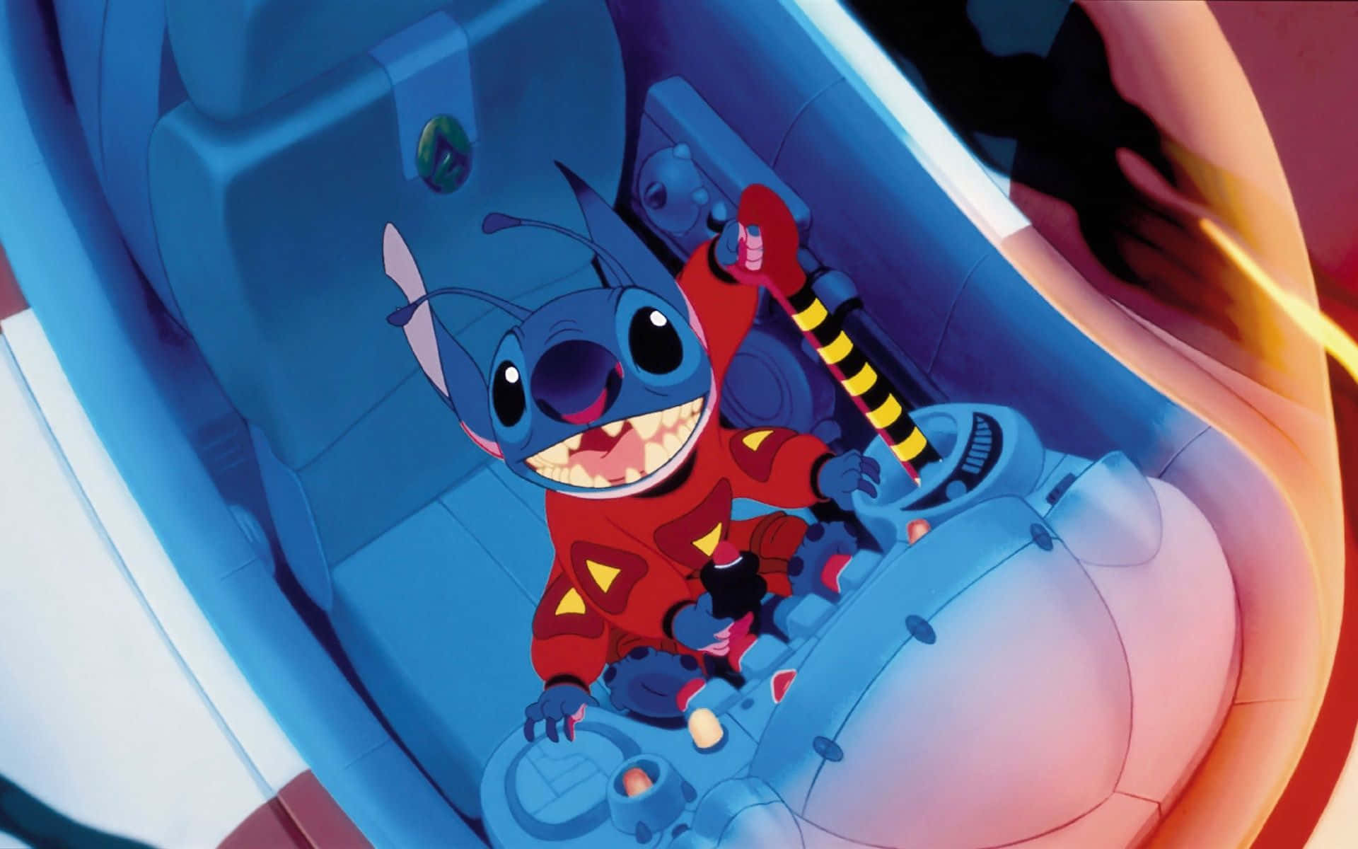 Cute Lilo And Stitch 桌布 壁紙 — 史迪奇喺充滿活力嘅動畫場景中，駕駛太空船穿過火焰隧道，咧嘴大笑。