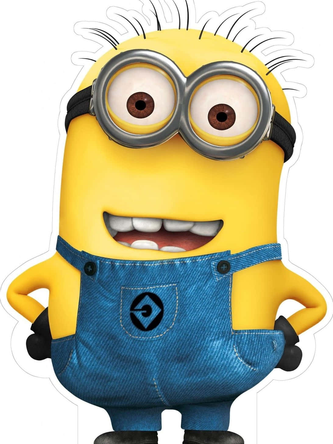 一個黃色卡通Minion，戴著護目鏡和牛仔工人褲，微笑著雙手叉腰。