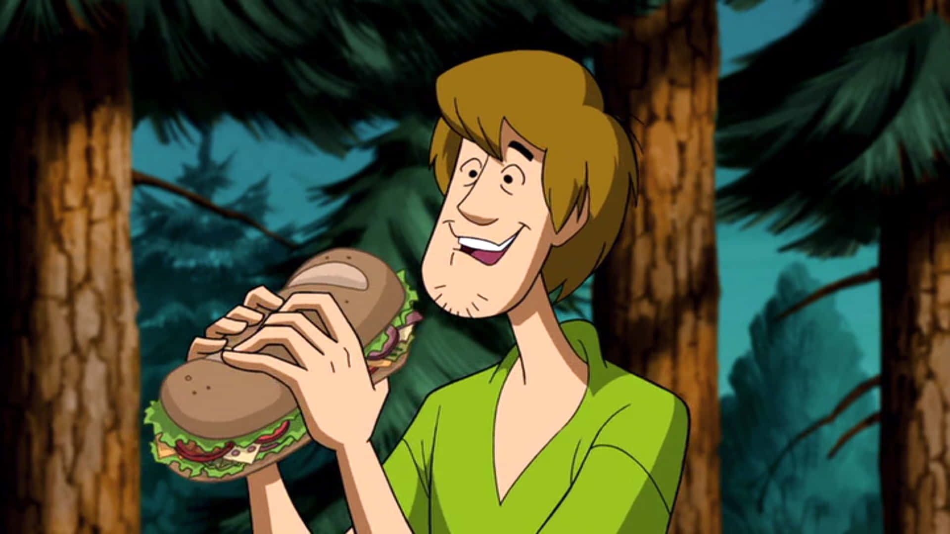 "Live-Love-Laugh - Shaggy Rogers" 壁紙 — 史酷比在松樹和深藍色天空的森林中高興地拿著一個巨大的三文治。